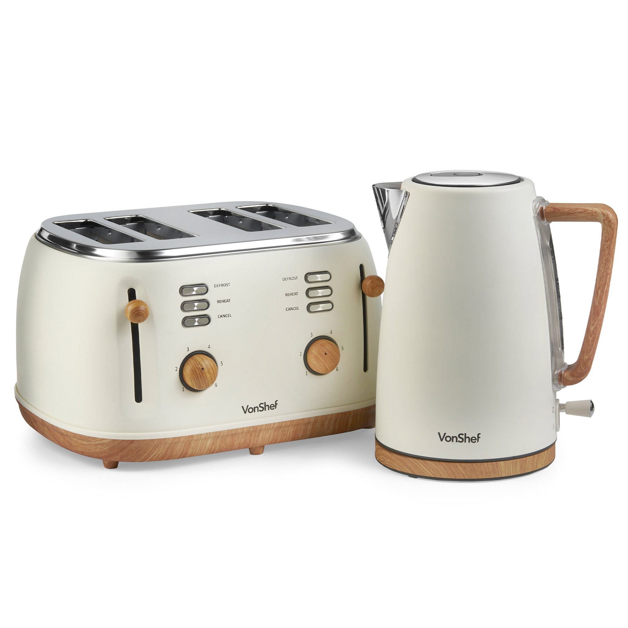 VonShef Fika 1.7L/4 Slice Kettle & Toaster Set - Cream & Wood