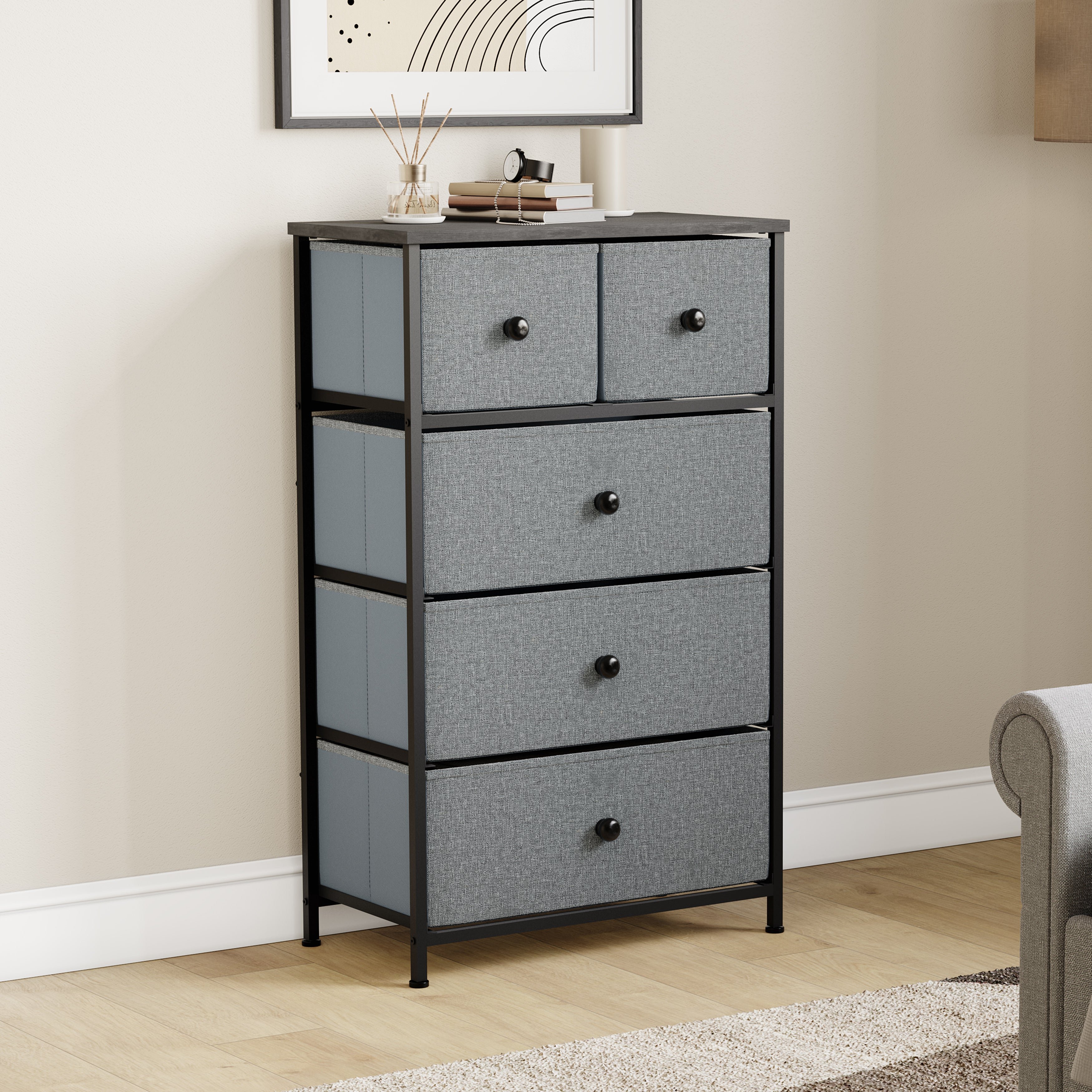 Vida Designs Chorley 5 Drawer Fabric Drawer Chest - Grey & Black