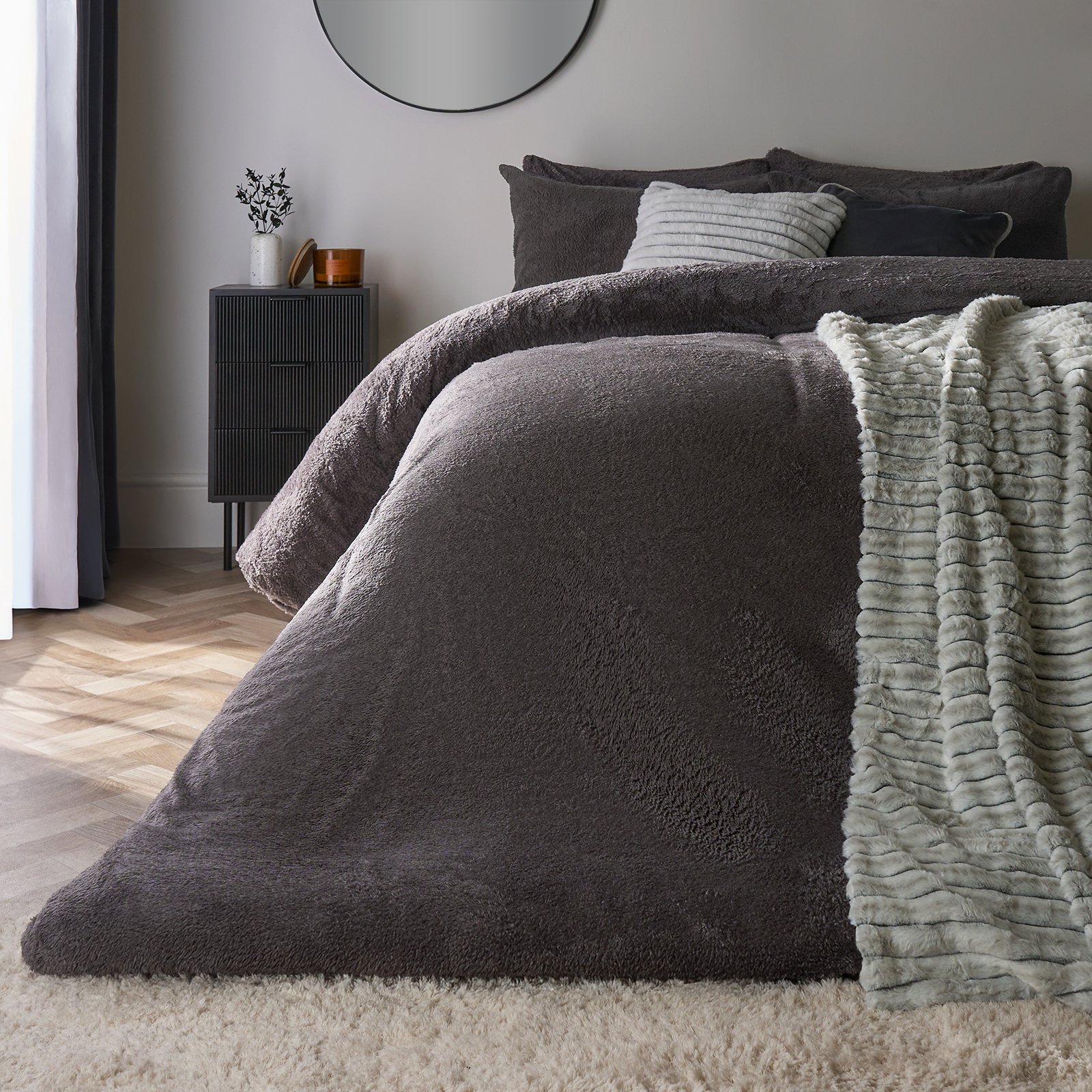 OHS Thermal Soft Teddy Fleece Duvet Cover Bedding Set Charcoal - Double