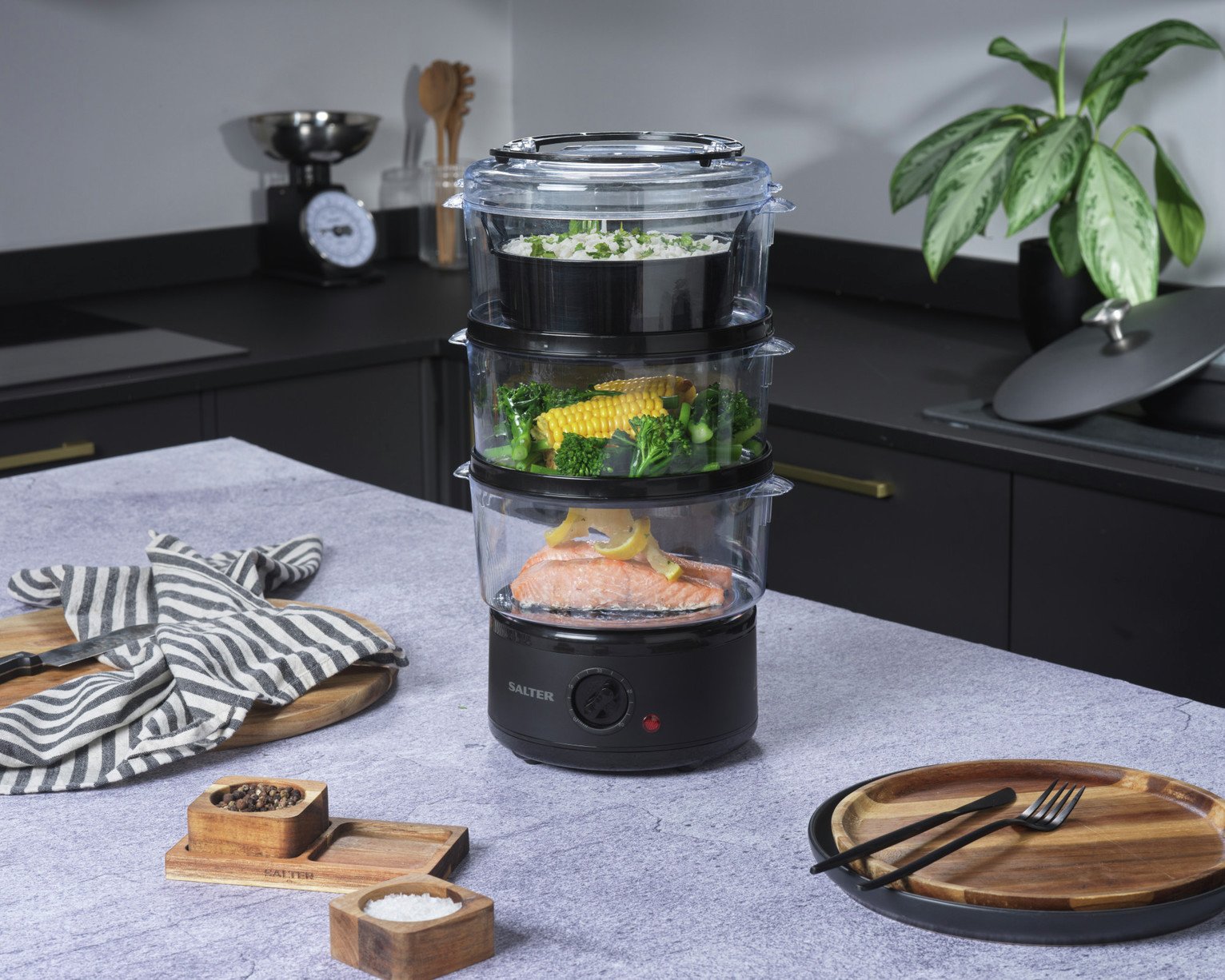 Salter EK6351MBLK Kuro 3 Tier Steamer - Grey