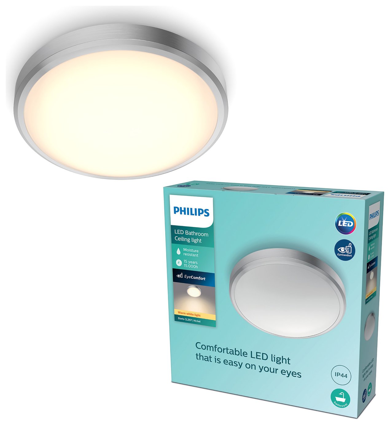 Philips Doris LED Bathroom Flush to Ceiling Light - Nickel