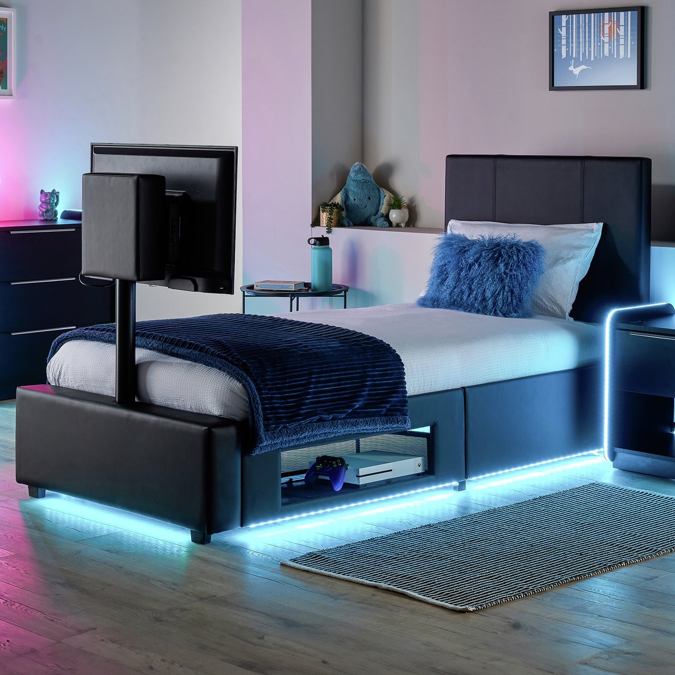 XR Living Ava Single Faux Leather TV LED Bed Frame - Black