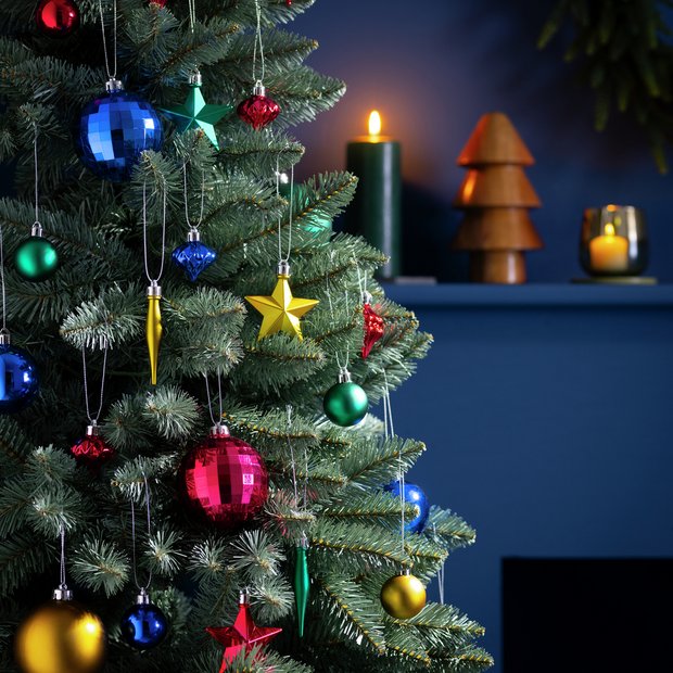 Multi coloured shop christmas decorations