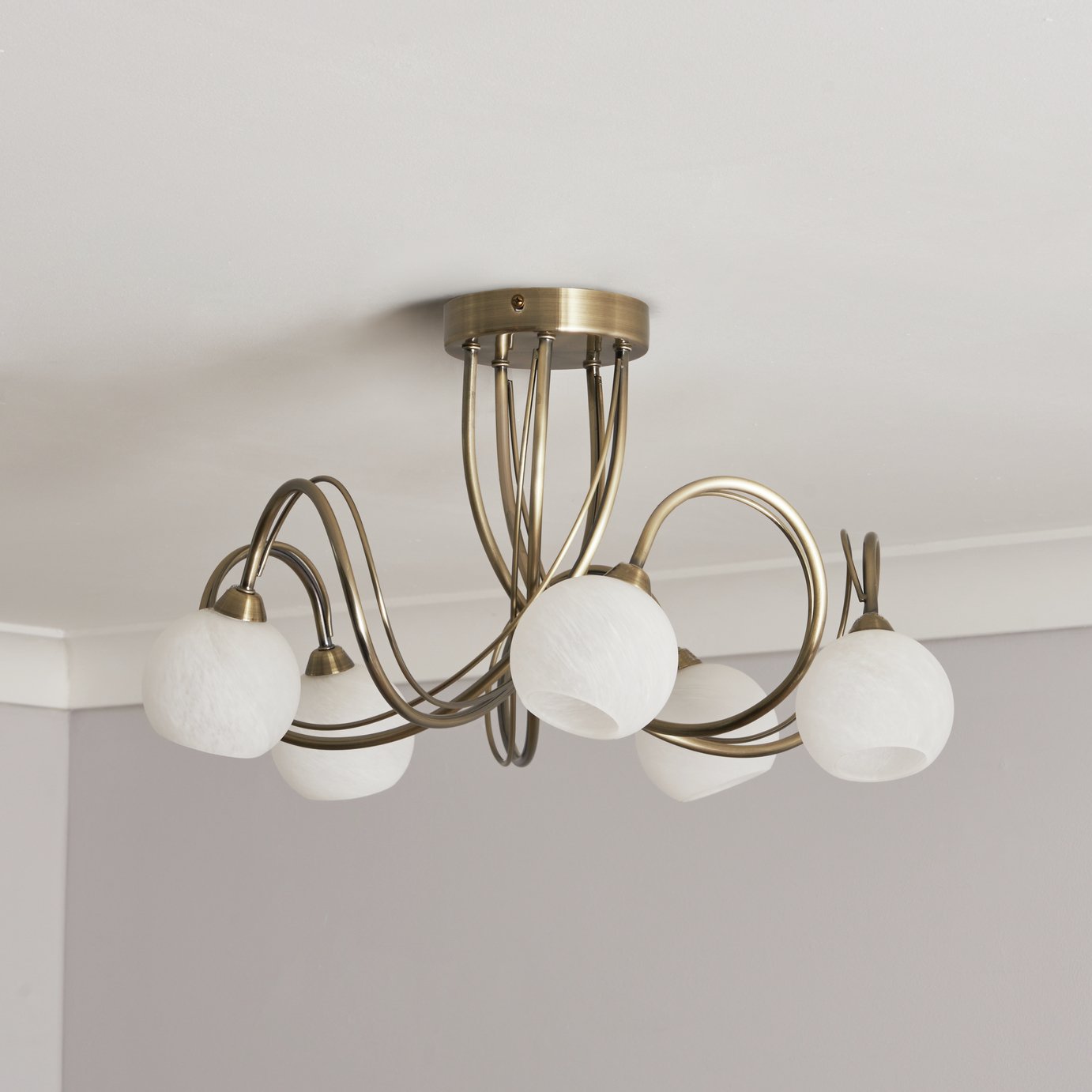 BHS Acacia Glass 5 Light Flush Ceiling Light - Satin Brass