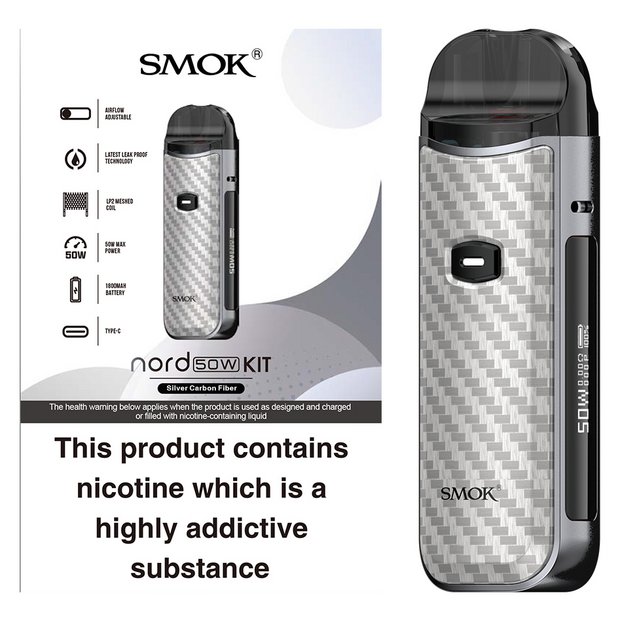 Buy Smok Nord 50W Silver Carbon Pod Vape Kit E cigarettes and