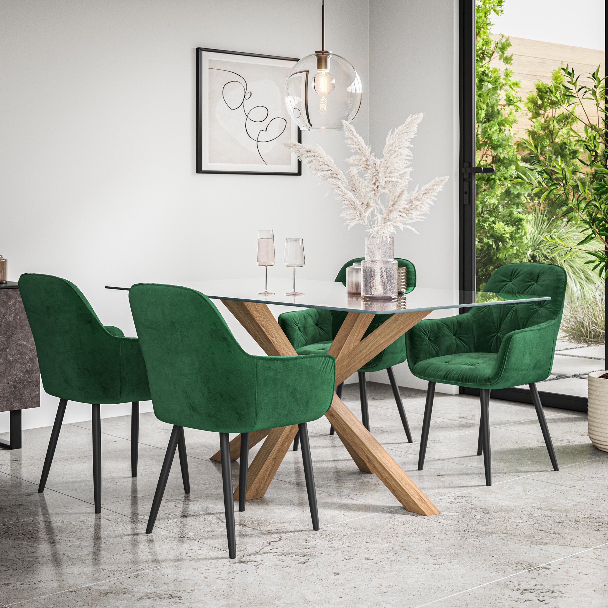 Furniture Online Etta Anika Glass Top Dining Table & 4 Green Chairs