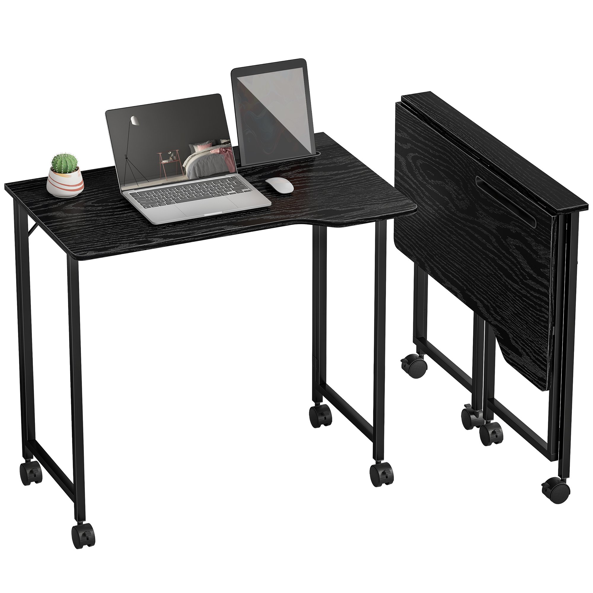 HOMCOM Foldable Computer Desk with Device Slot - Black Wood Effect
