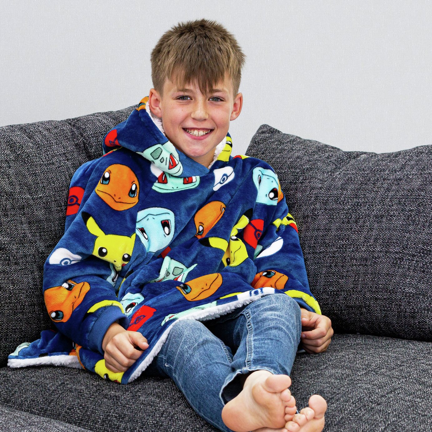 Hugzee Pokemon Badges Blue Fleece Hooded Blanket - Medium