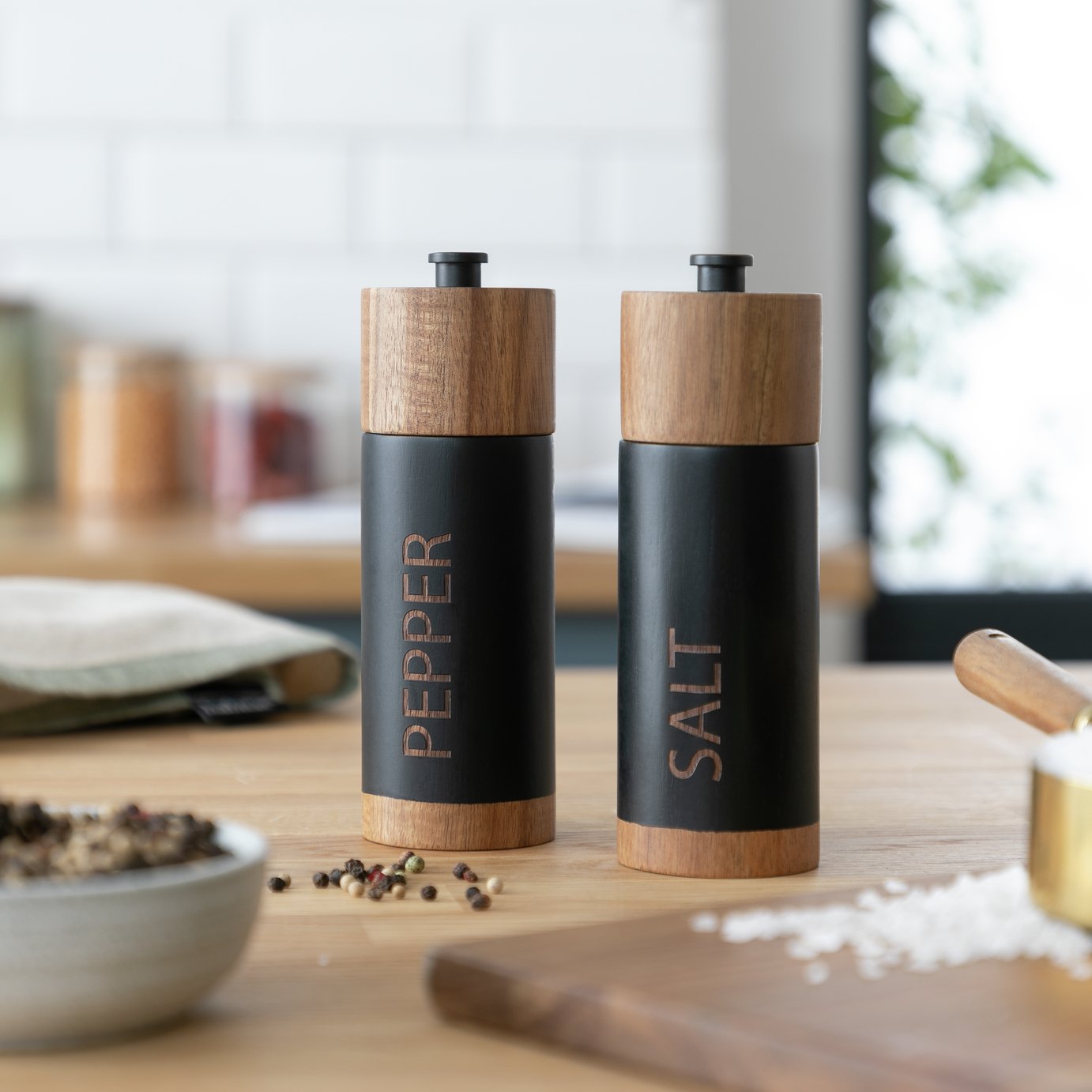Habitat Acacia Wood Salt and Pepper Mill Set - Black
