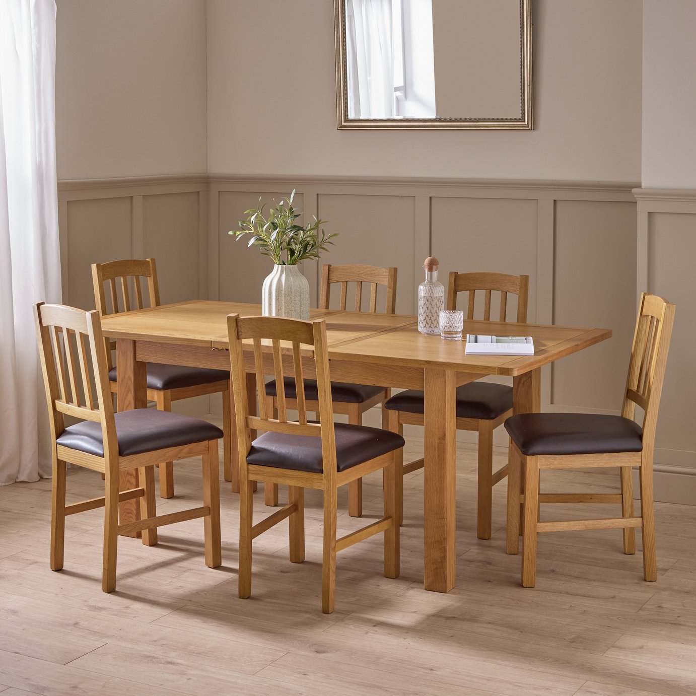 Argos Home Ashwell Ext Oak Dining Table & 6 Brown Chairs