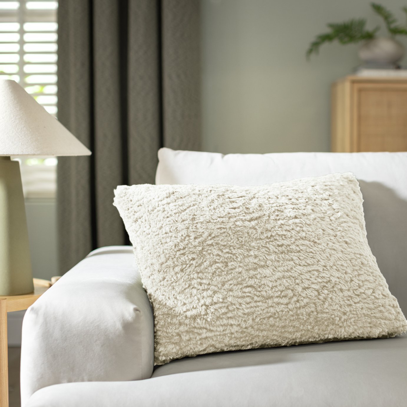 Habitat Faux Shearling Plain Cushion - Oatmeal