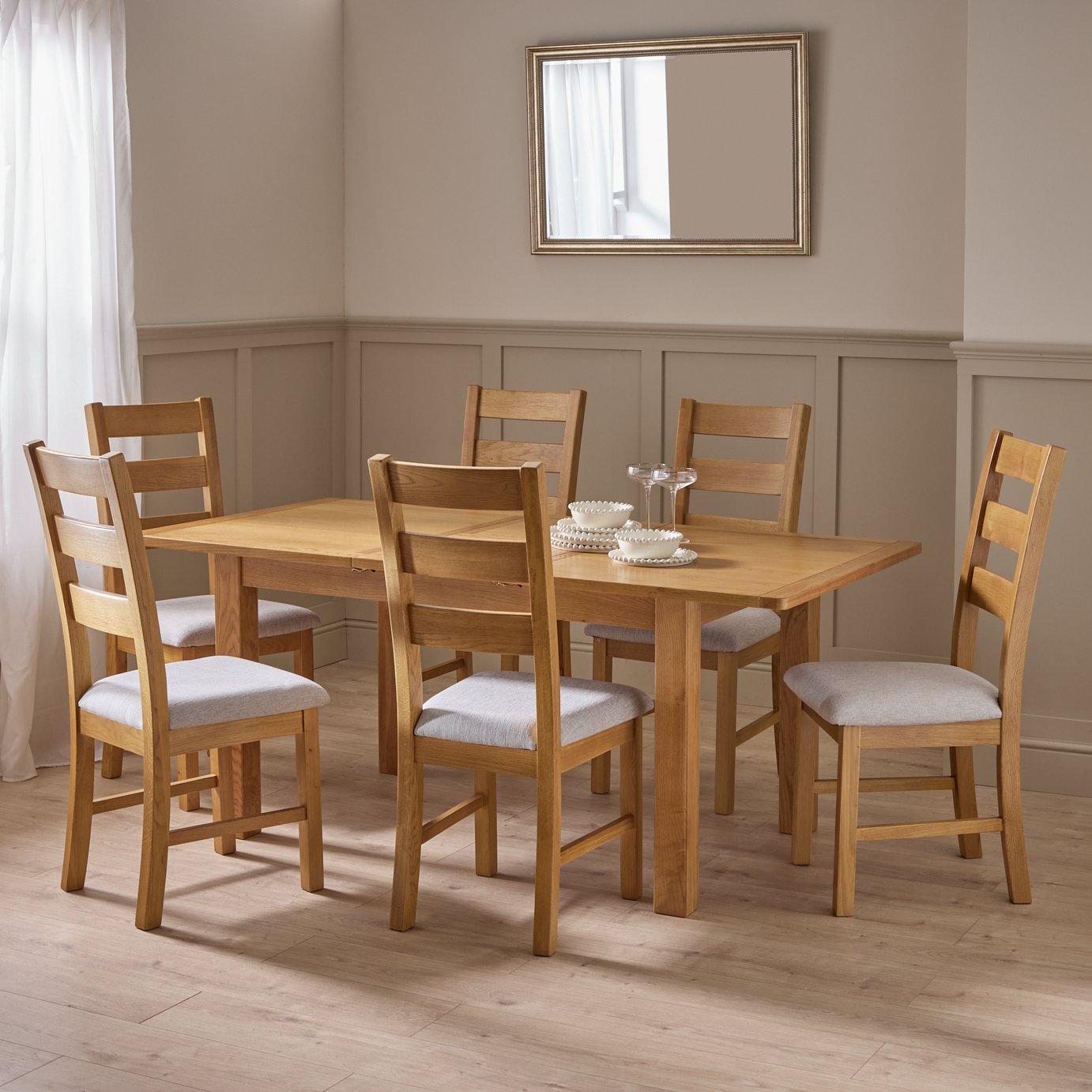 Argos Home Ashwell Ext Oak Dining Table & 6 Grey Chairs