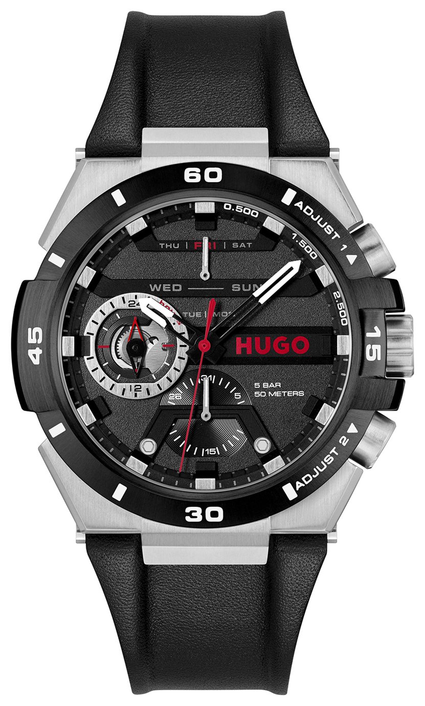 HUGO Mens Wild Black Leather Strap Watch