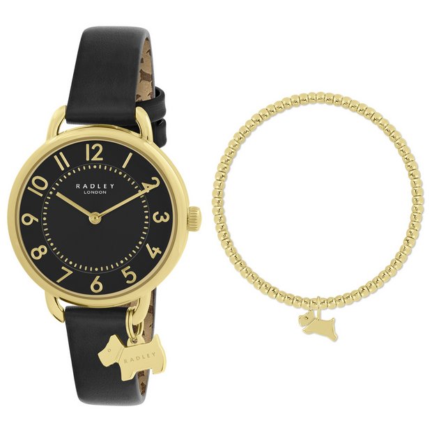 Buy Radley Black Leather Strap Watch and Gold Bangle Gift Set