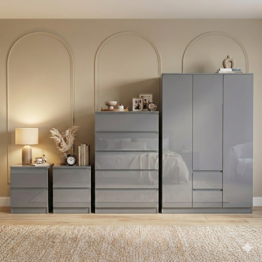 Vida Designs Glinton Bedroom Set (2x Bedsides, 5 Drawer Chest, Wardrobe) - Grey