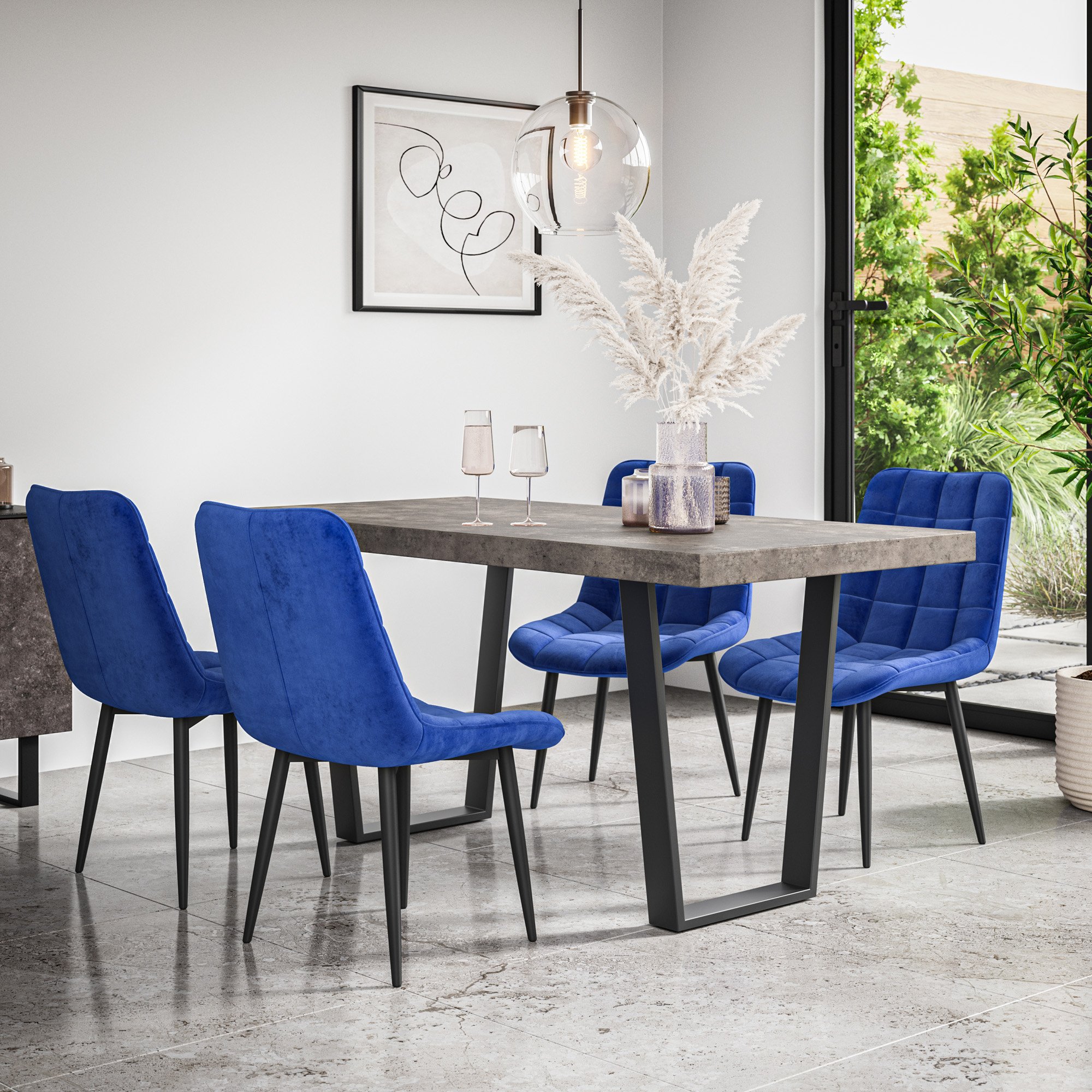 Furniture Online Aria Nova Concrete Effect Dining Table & 6 Blue Chairs
