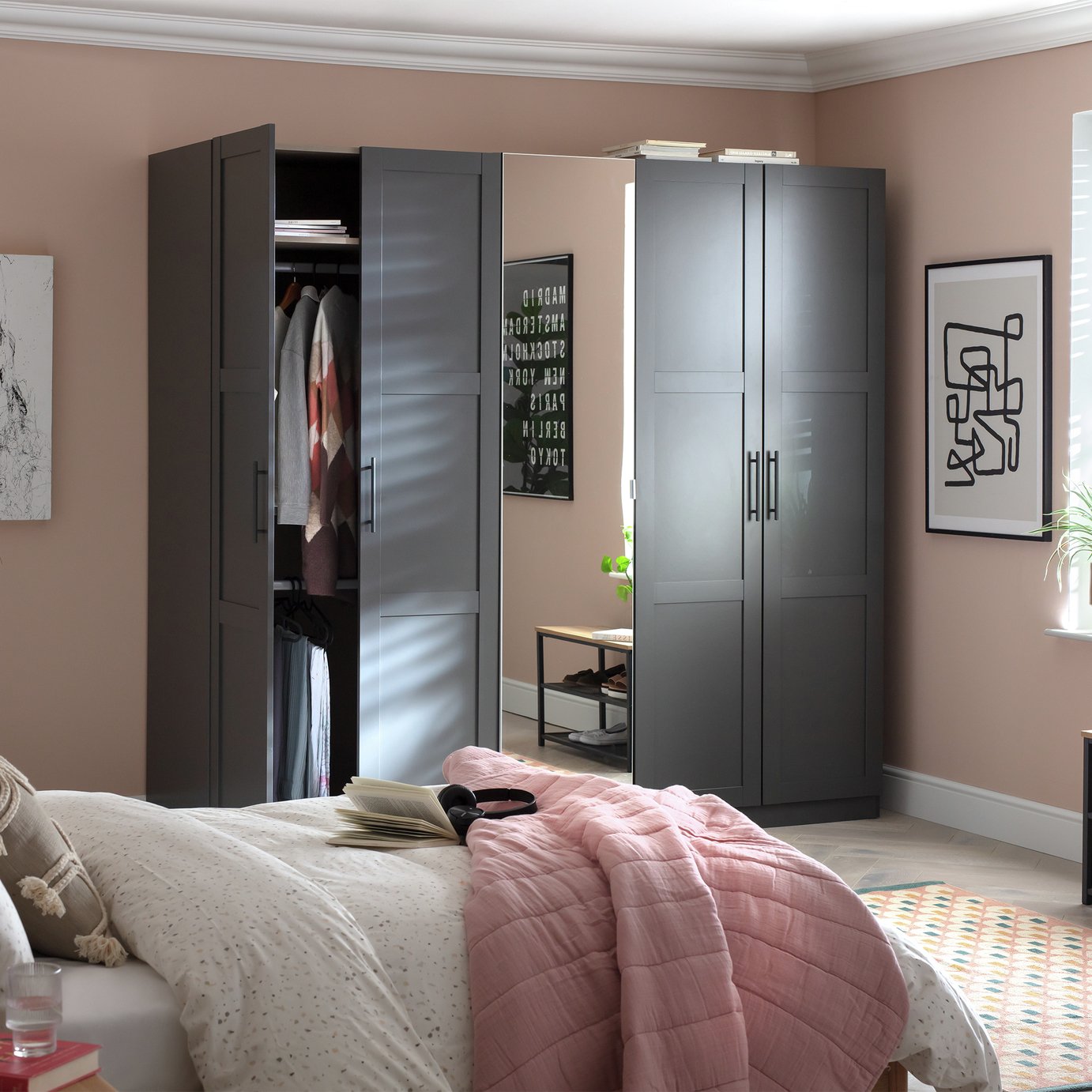 Habitat Munich Panelled 5 Door Mirror Wardrobe - Anthracite