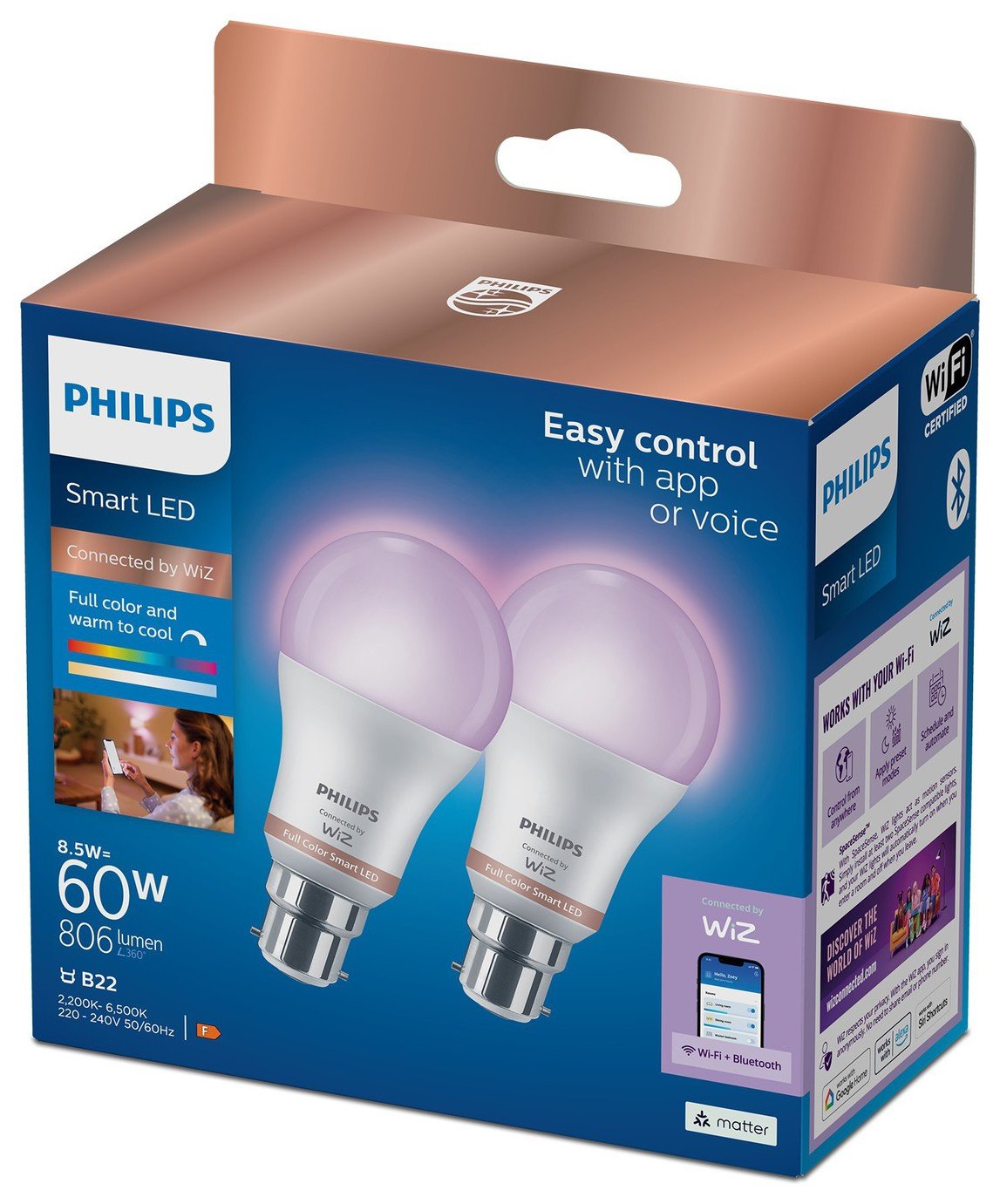 Philips WiZ A60 B22 Colour Smart Light Bulb - Pack of 2
