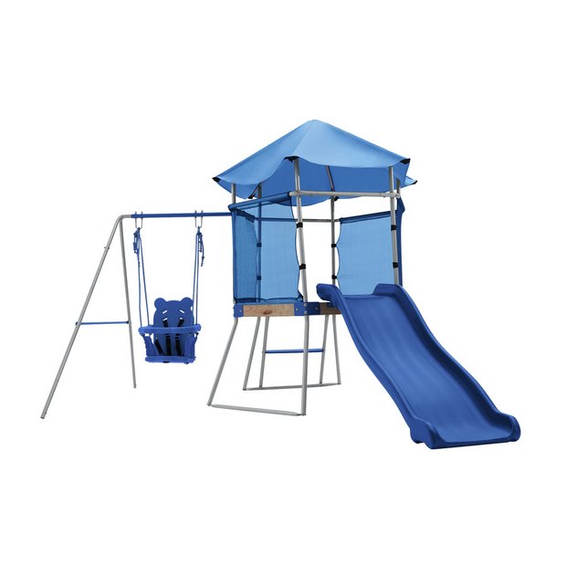 Climbing frame with store slide and swing