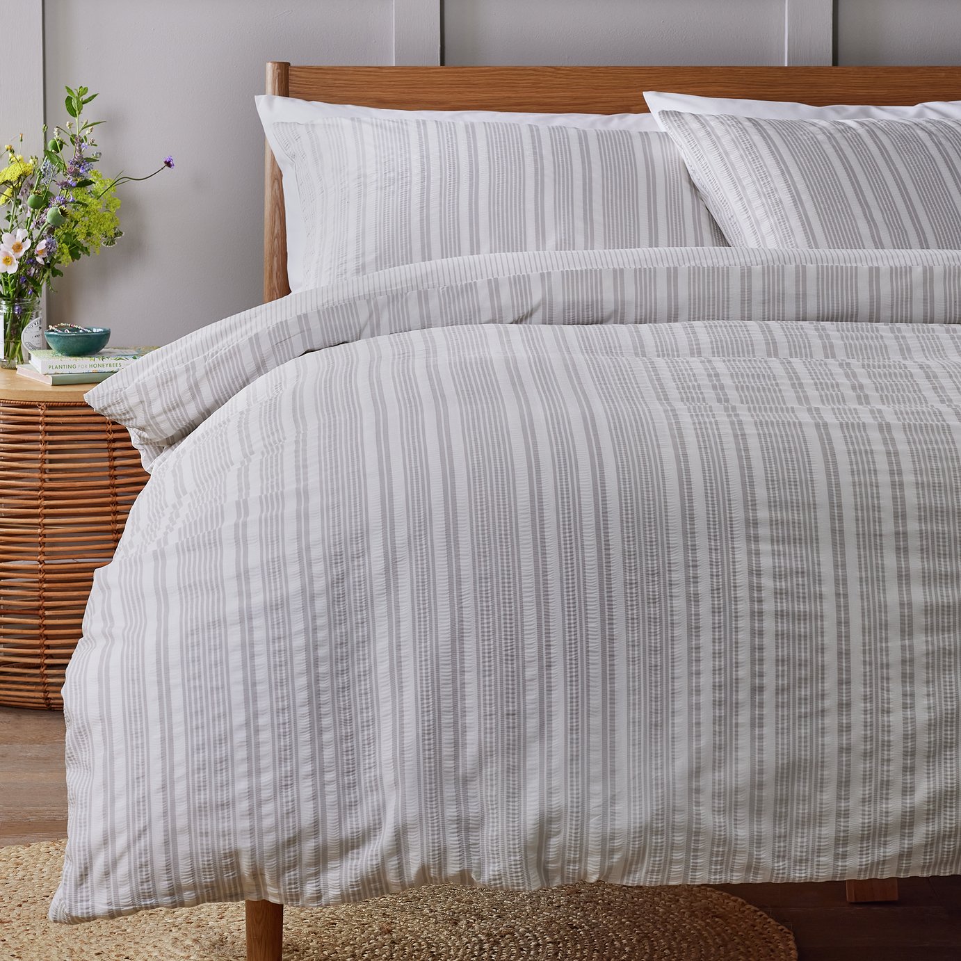 Argos Home Striped Seersucker Grey Bedding Set - Double