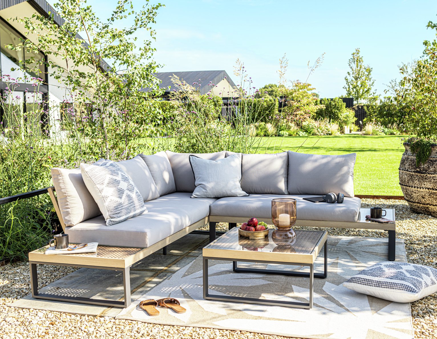 Habitat Zaria 5 Seater Metal Garden Corner Sofa Set -Natural