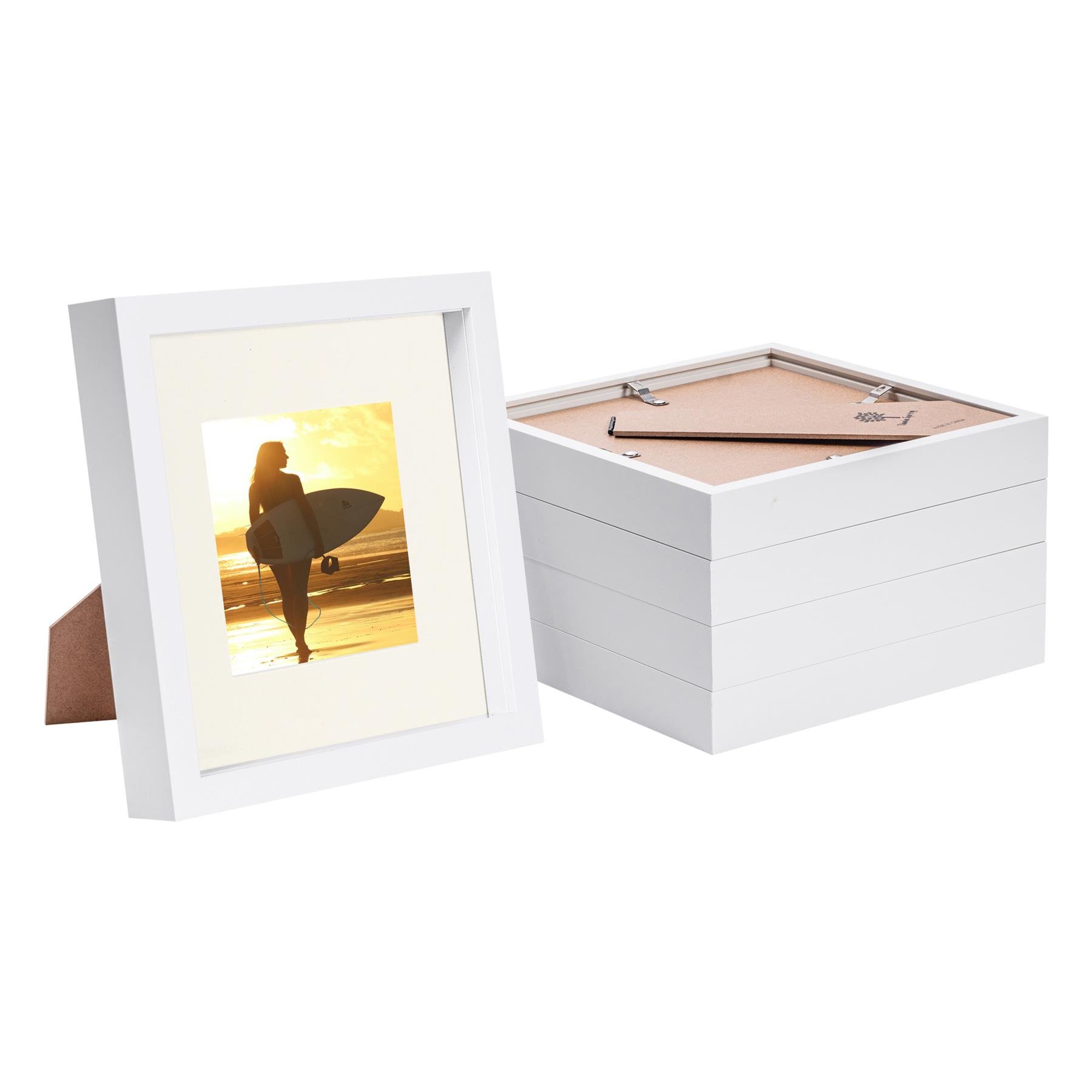 Nicola Spring 8 x 8" 3D Photo Box Frames with 4 x 4" Ivory Mount (5x) - White