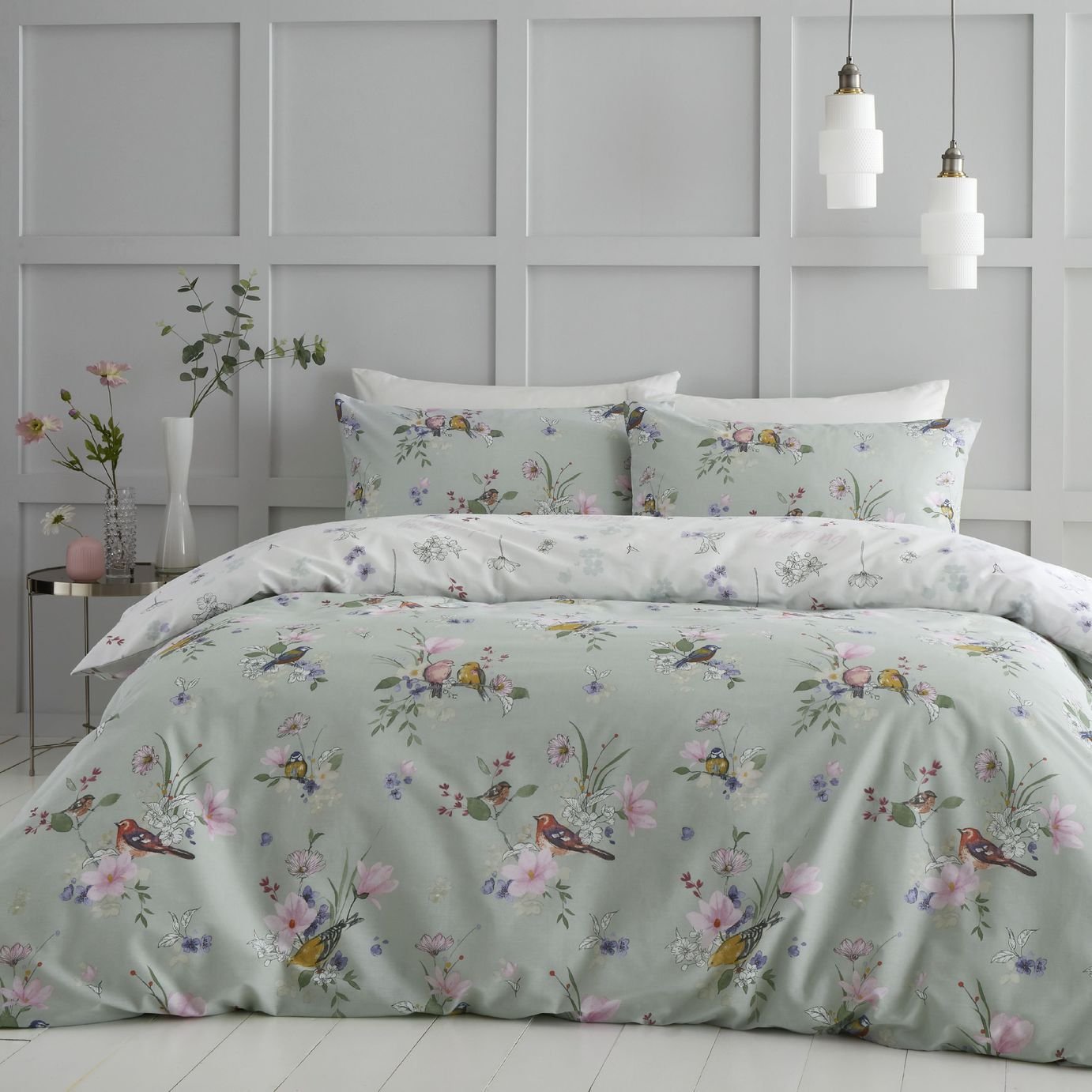 Catherine Lansfield Songbird Printed Sage Green Bedding Set