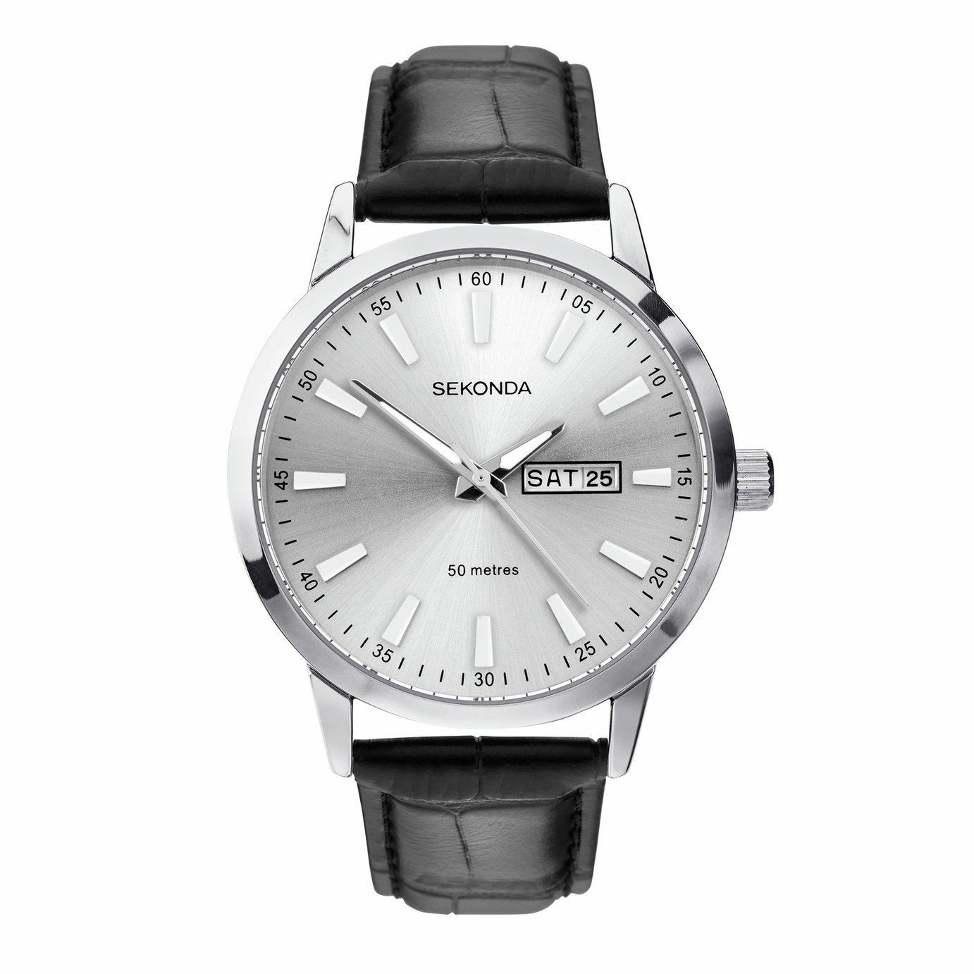 Sekonda Men's Black Leather Strap Silver Dial Watch