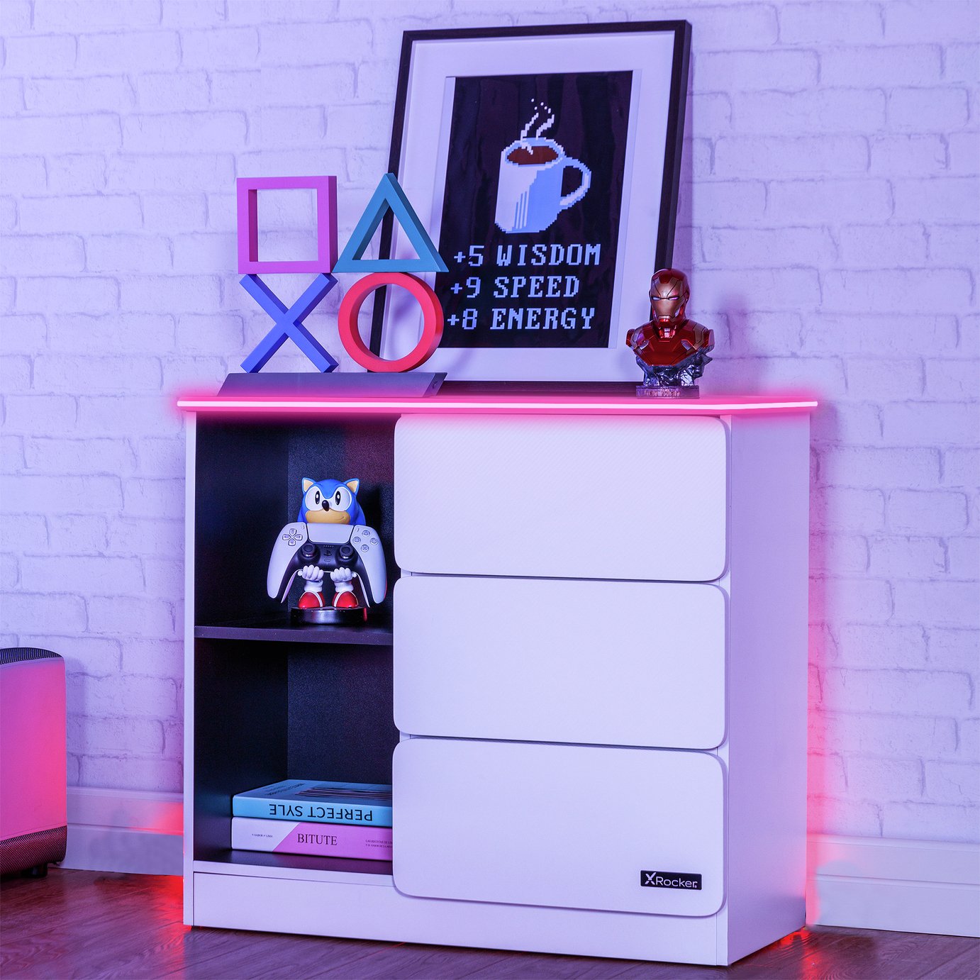 X Rocker Carbon Tek LED 3 Drawer Chest - White