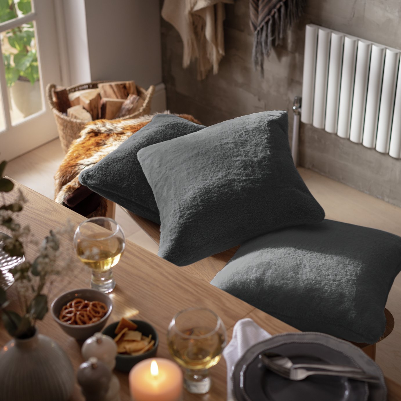 Habitat Faux Fur Cushion - Black - 43x43cm 