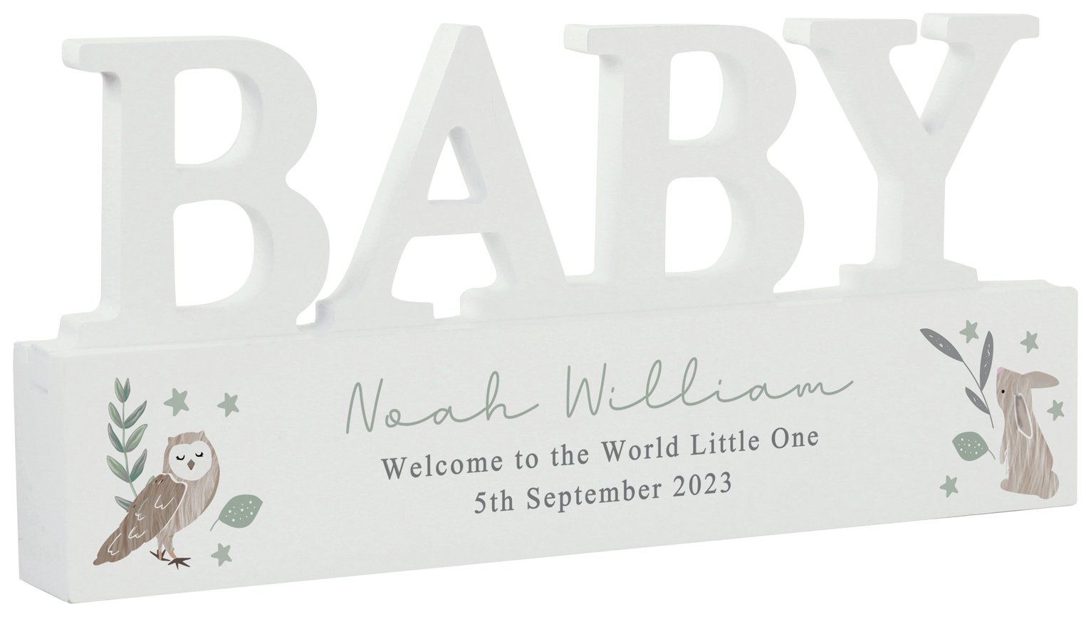 Personalised Message Woodland Wooden Baby Ornament - White.