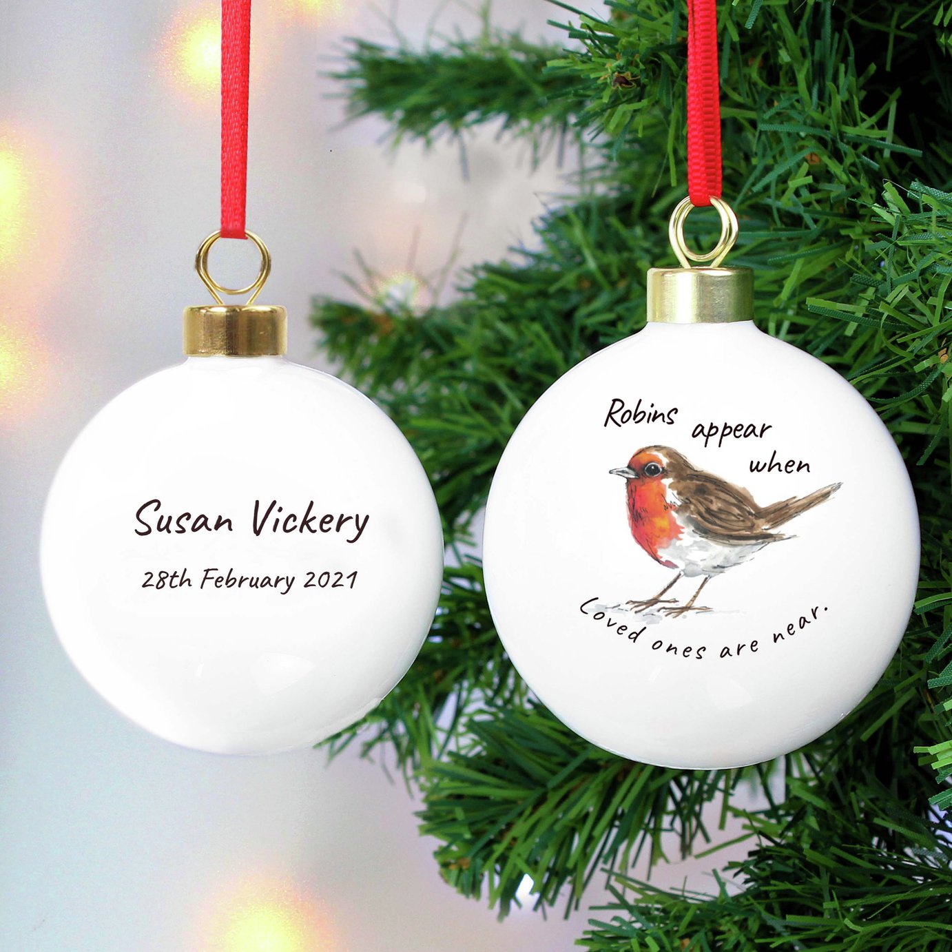 Personalised Message Robins Appear Christmas Bauble - White
