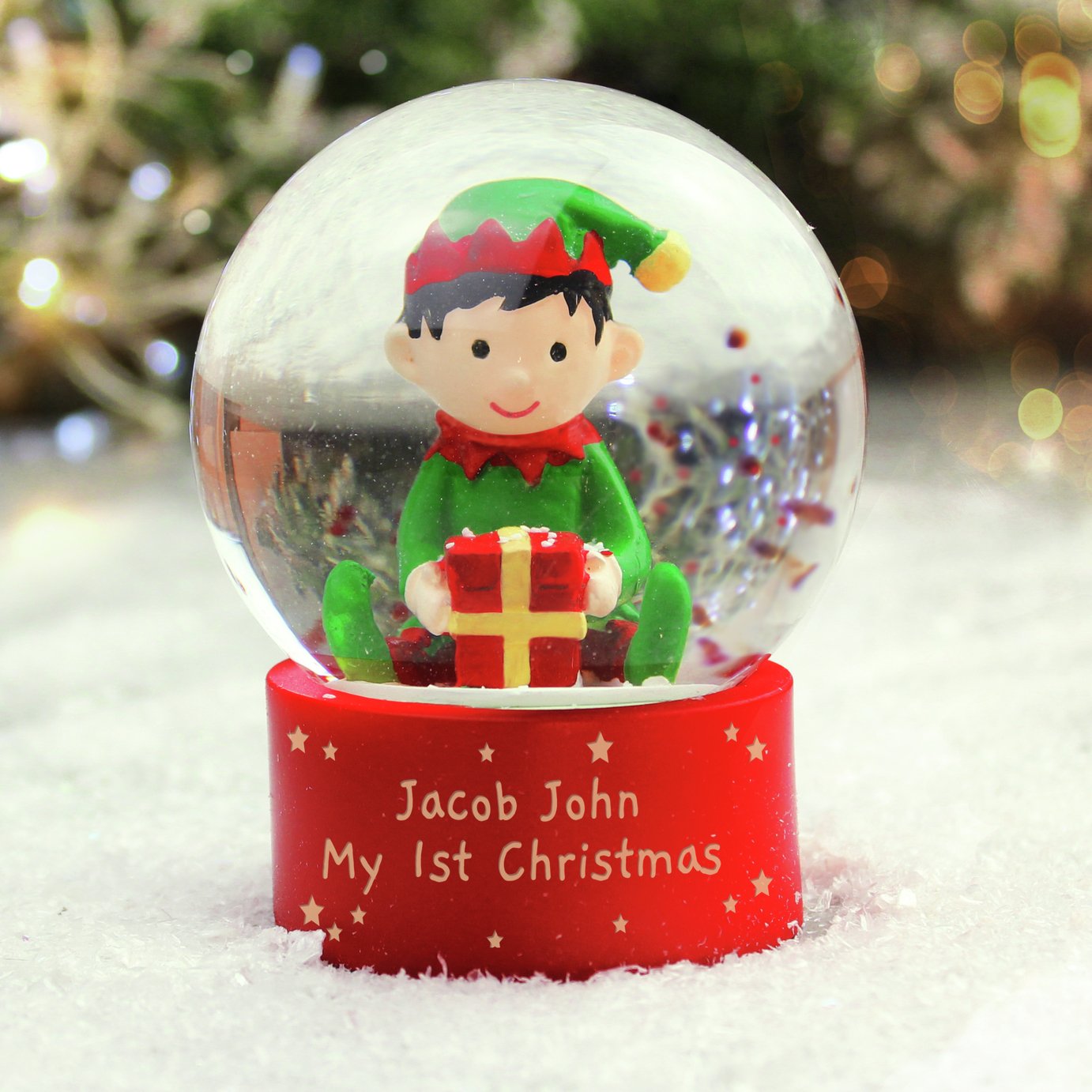 Personalised Message Red Elf Glitter Christmas Snow Globe