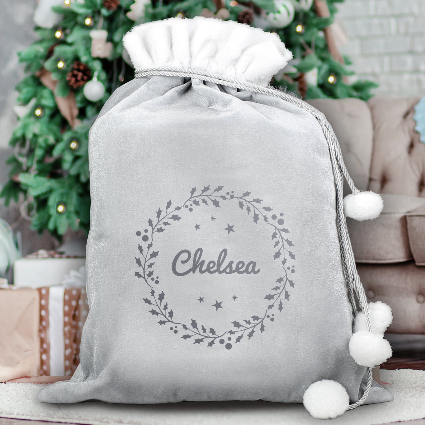 Personalised Message Grey Holly Christmas Sack