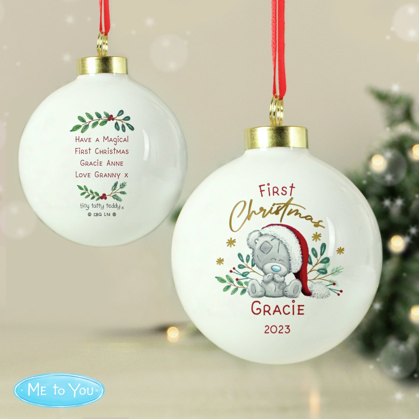 Personalised Message Tiny Tatty First Christmas Bauble-White