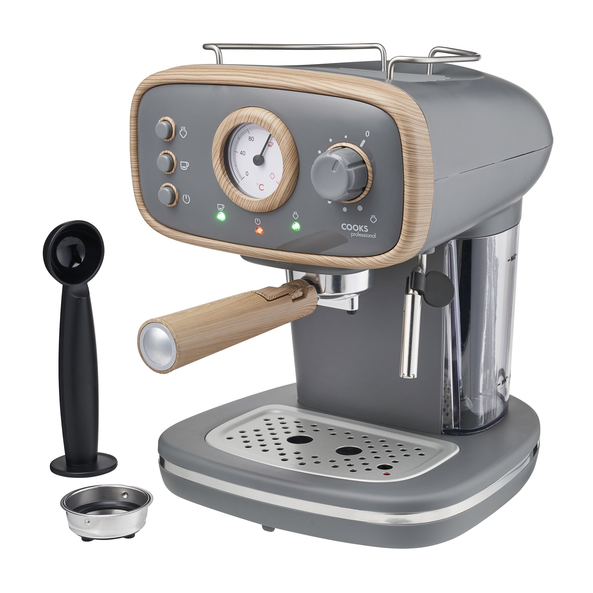 Cooks Professional Retro Espresso Machine 1.2L with Steam Wand - Nordic Grey