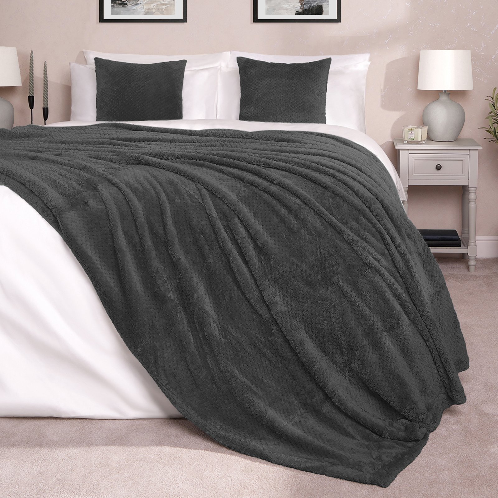 OHS Waffle Blanket Throw 200 x 240cm - Charcoal