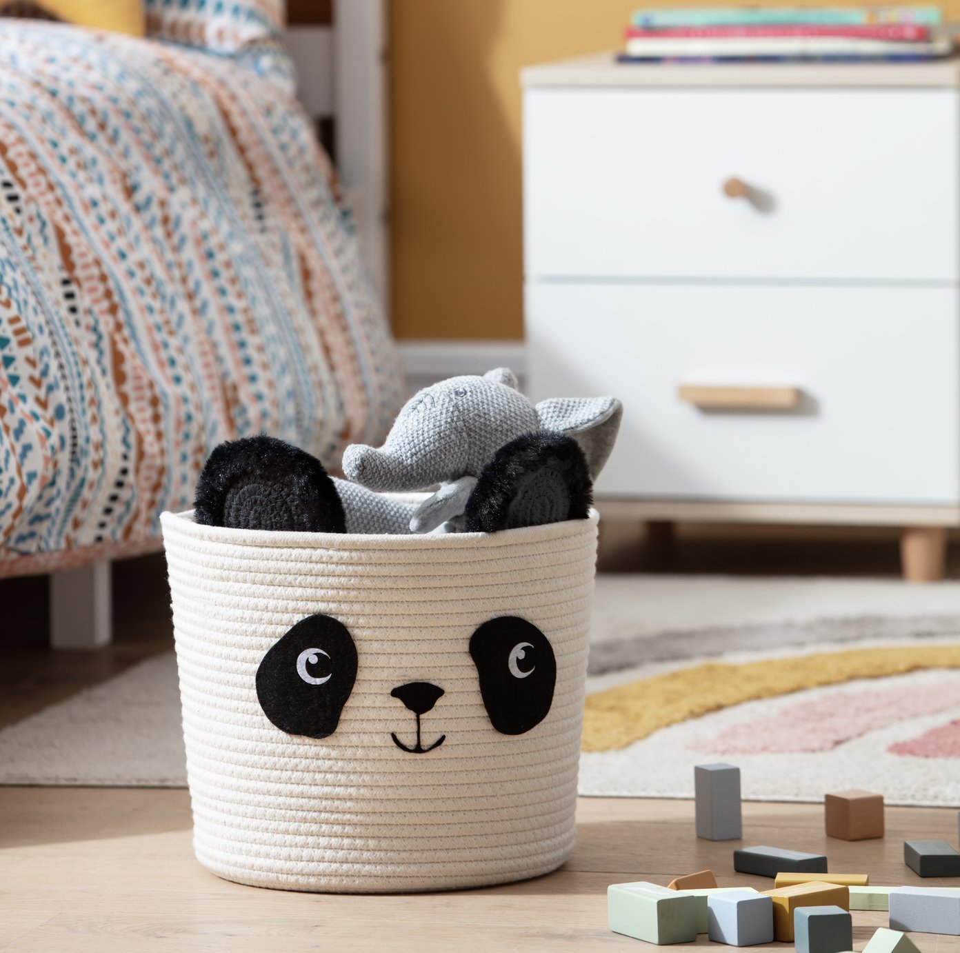 Argos Home Panda Kids Rope Storage Basket - Cream & Black
