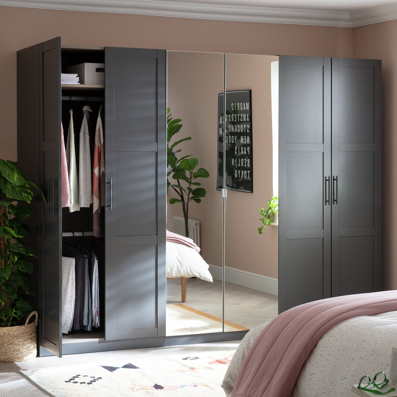 Habitat Munich Panelled 6 Door Mirror Wardrobe - Anthracite