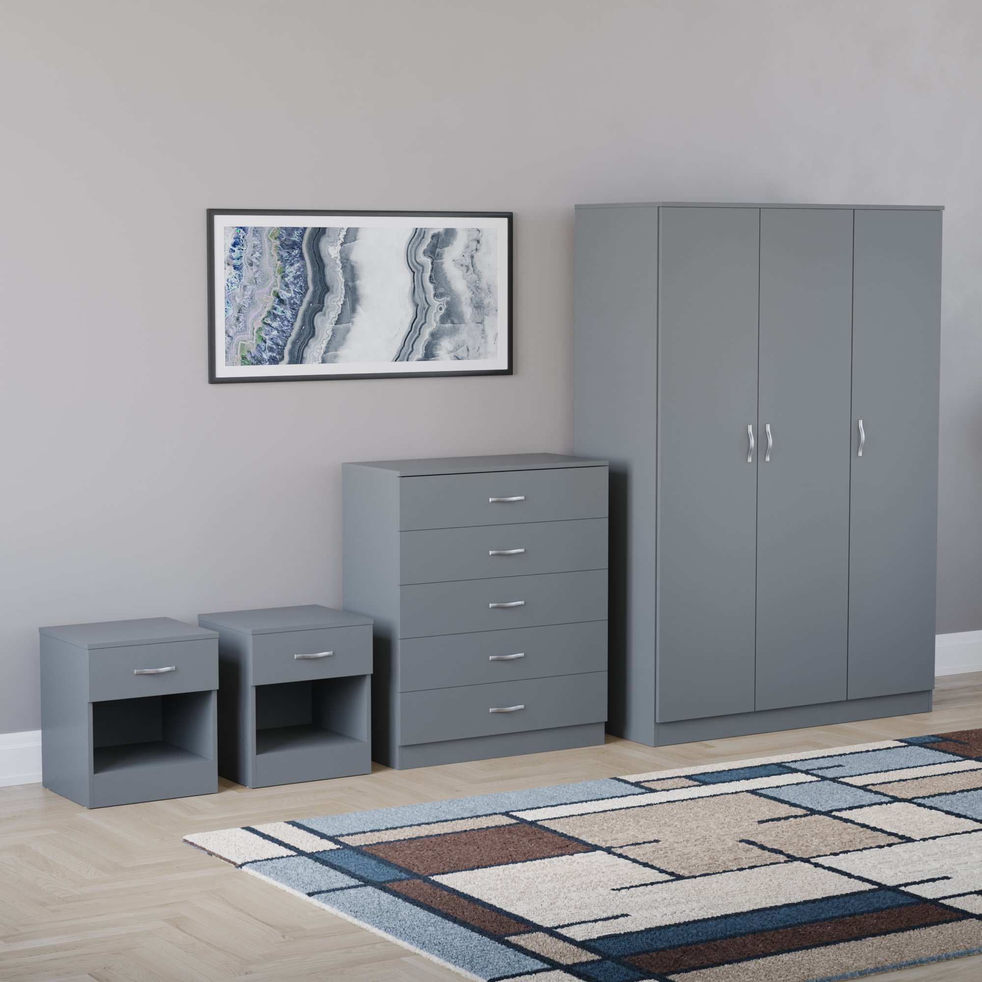 Vida Designs Riano Bedroom Set (Bedsides, 5 Drawer Chest, 3 Door Wardrobe)-Grey