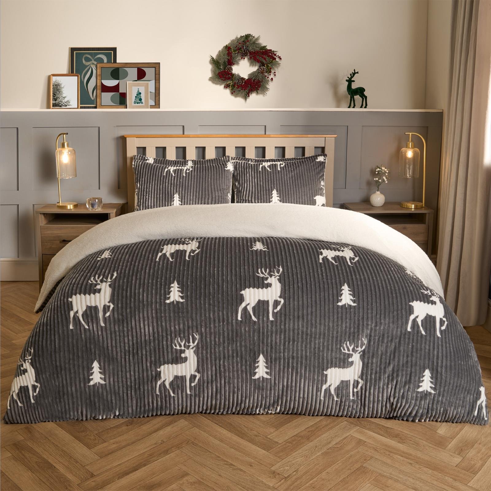 OHS Stag Duvet Cover Bedding Set Soft Ribbed Fleece Dark Grey - King