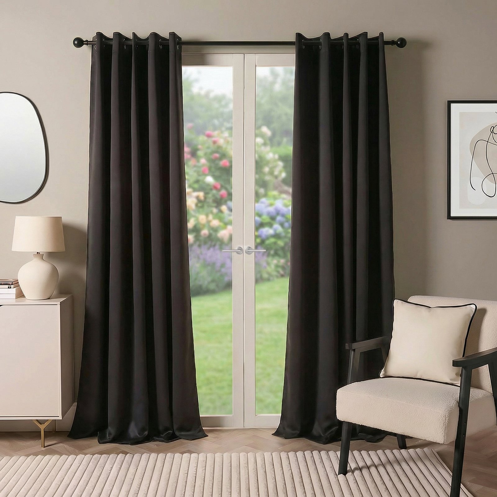 OHS Essentials Plain Eyelet Blackout Curtains 117 x 137cm - Black