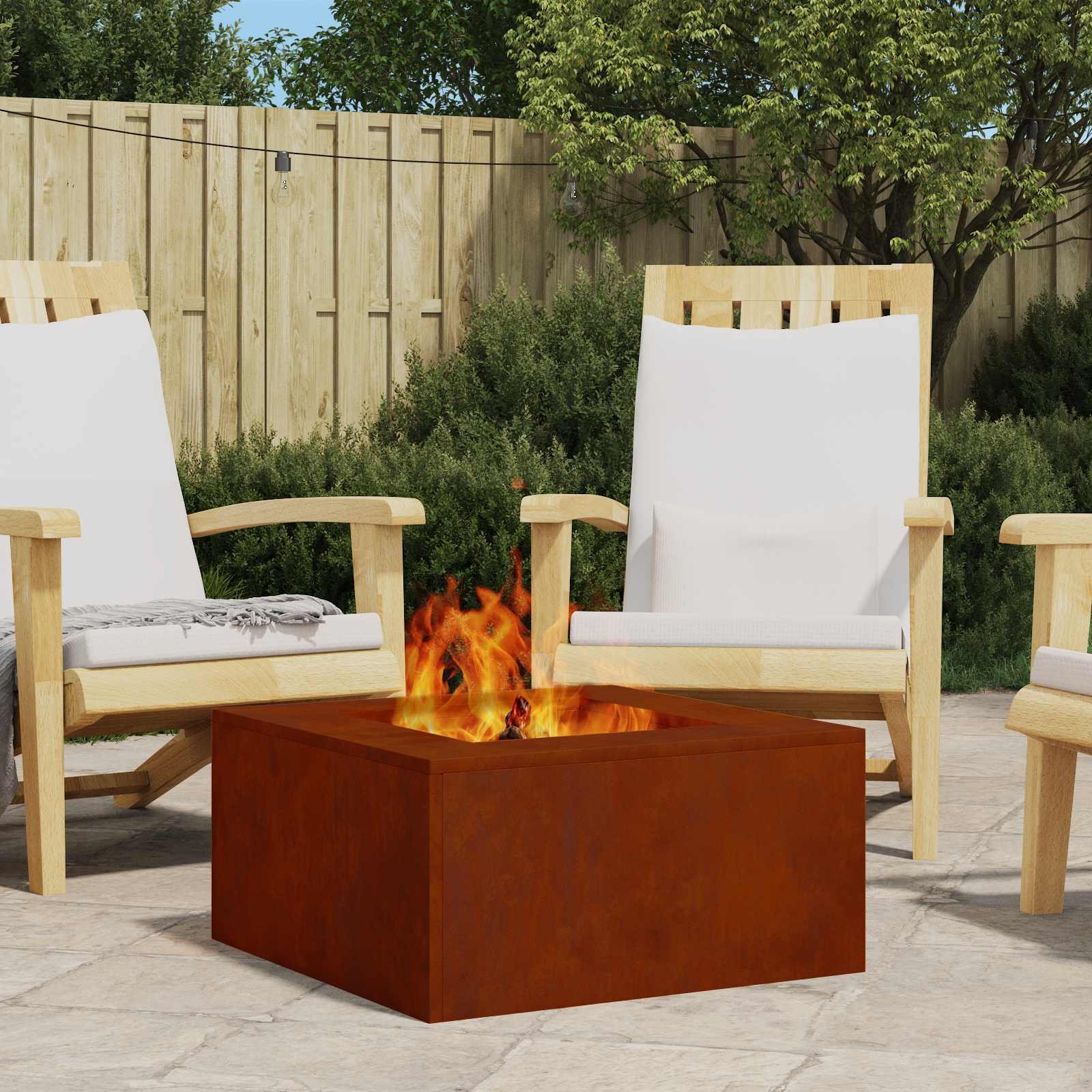 Walplus Square Sheped Steel Fire Pit Weathering - Brown - 60 x 60 x 30 cm