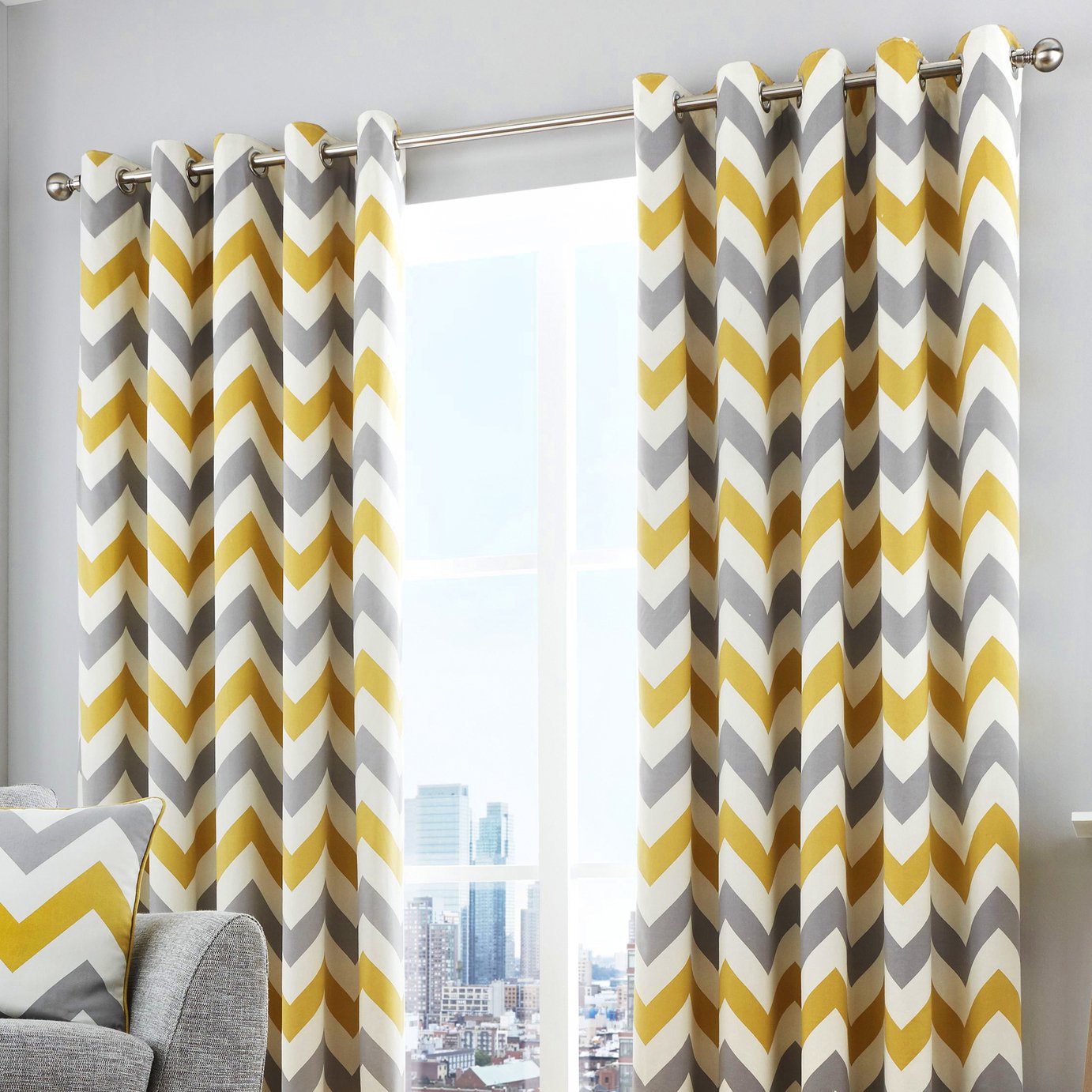 Fusion Chevron Zig Zag Eyelet Curtains - Ochre - 168x229cm