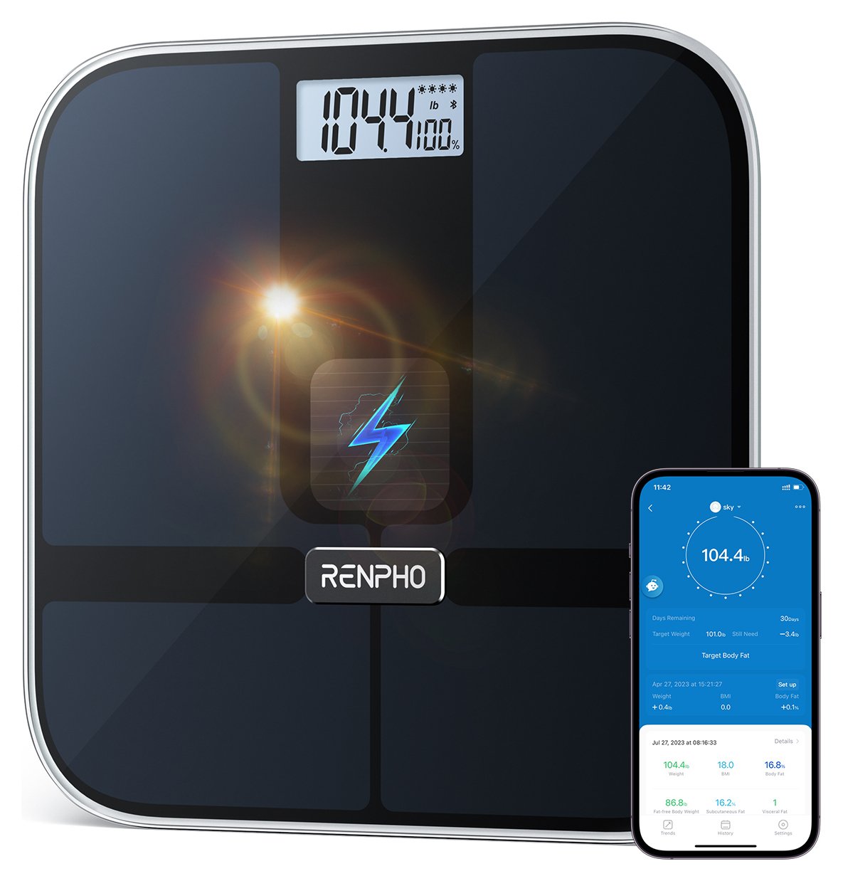 Renpho Smart Body Bluetooth Solar Bathroom Scale - Black