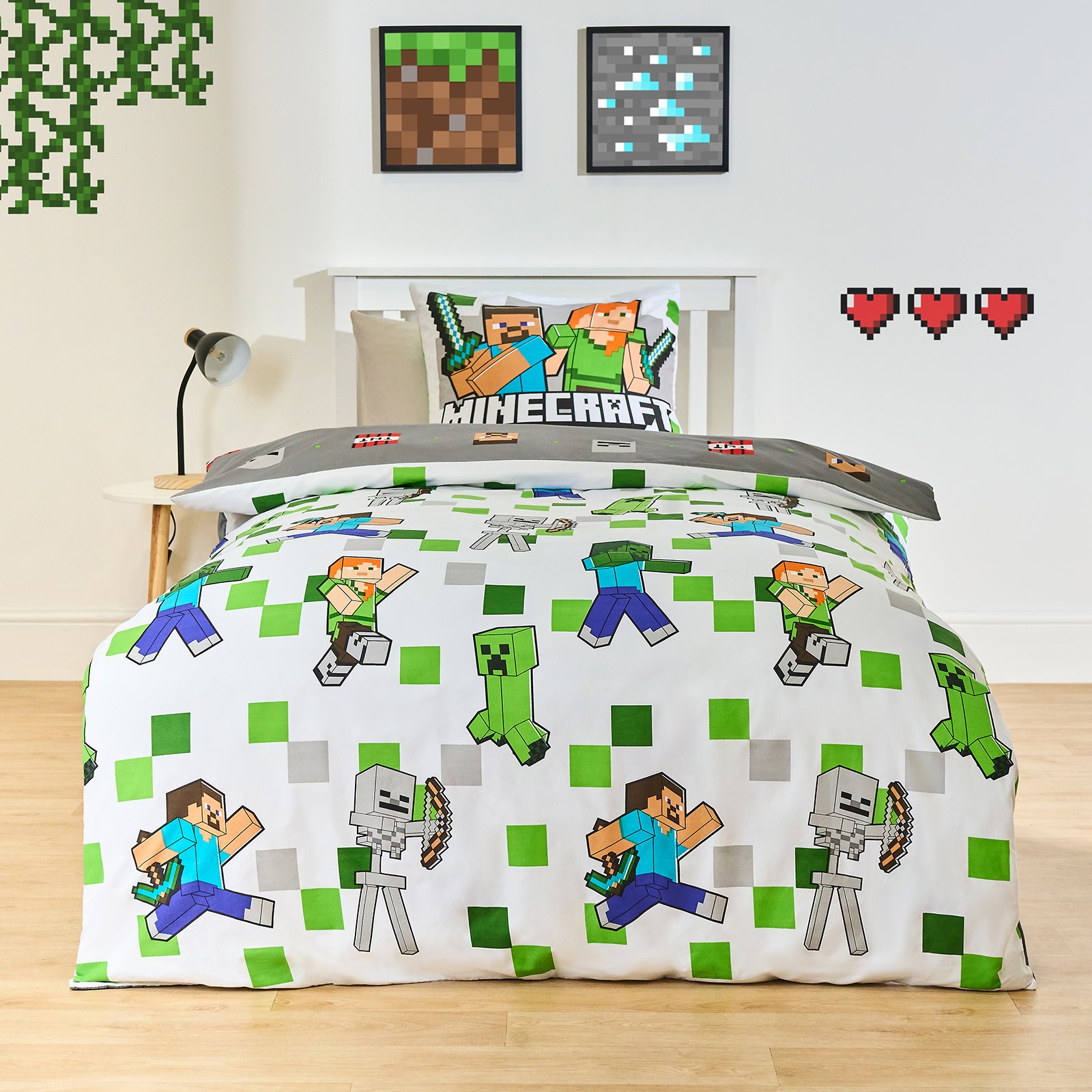 OHS Kids Minecraft Reversible Duvet Cover Set Bedding - Grey - Double