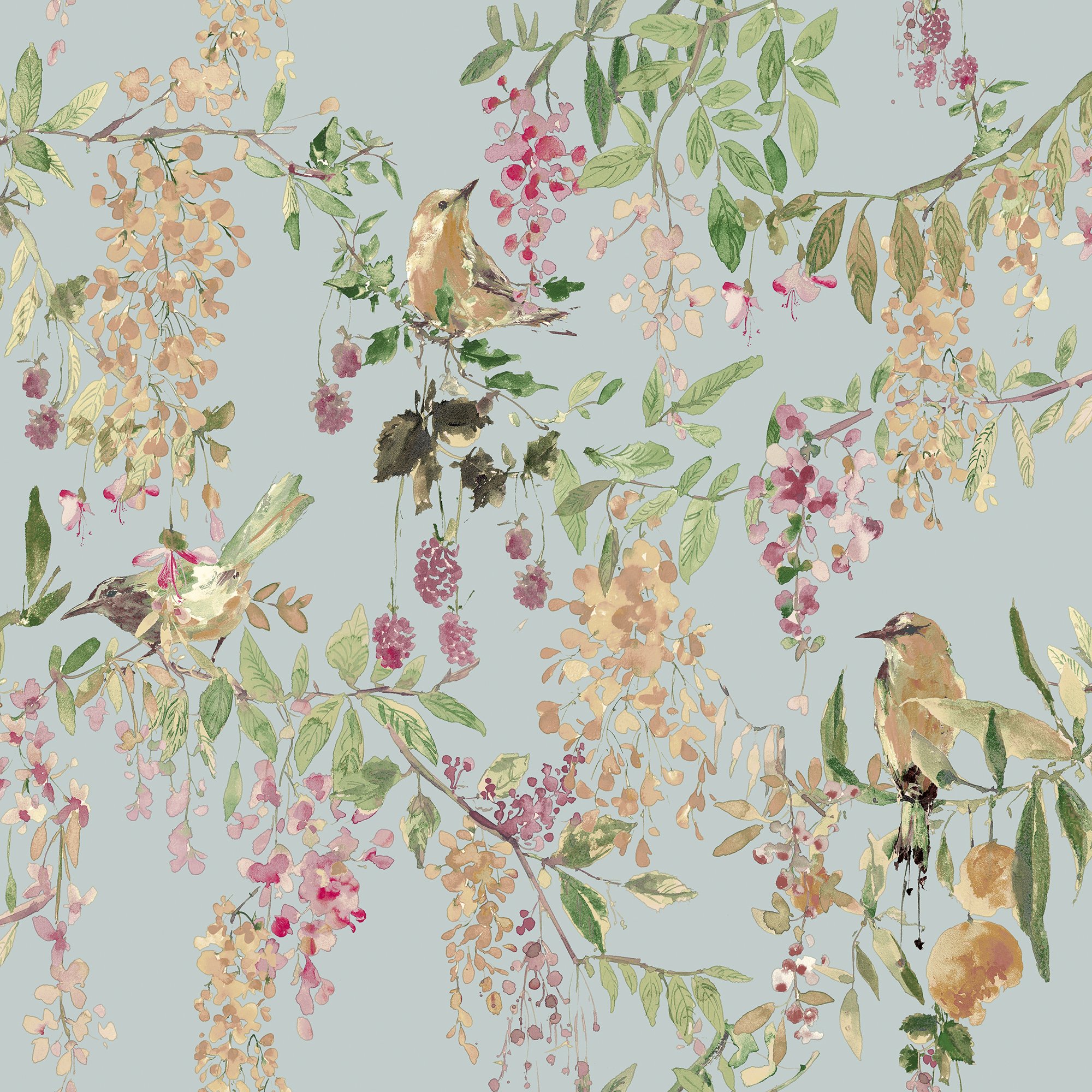 Grandeco Blackberry Trail Smooth Wallpaper - Blue