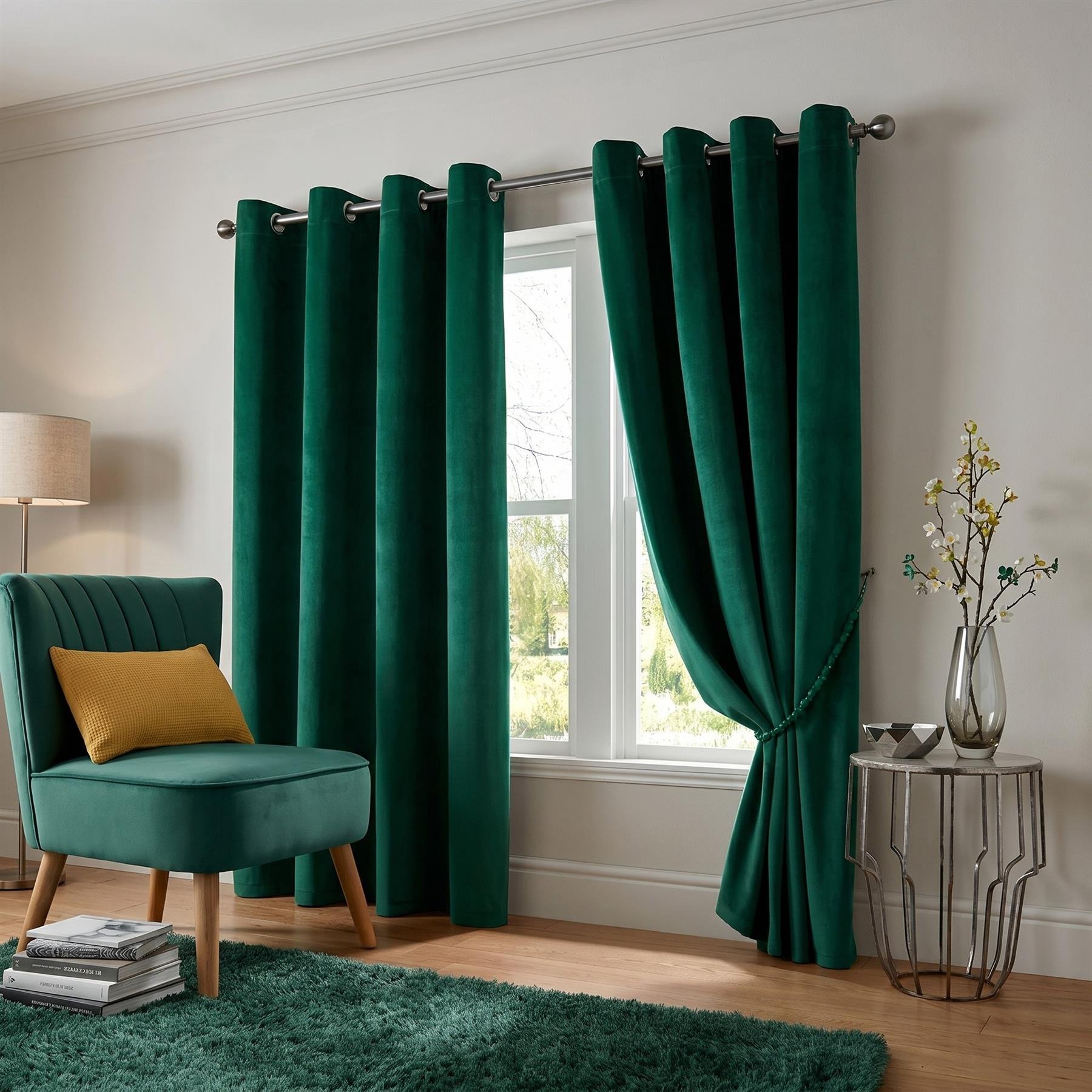 Luxury Living Velvet Eyelet Blackout Curtains 168cm x 137cm - Green