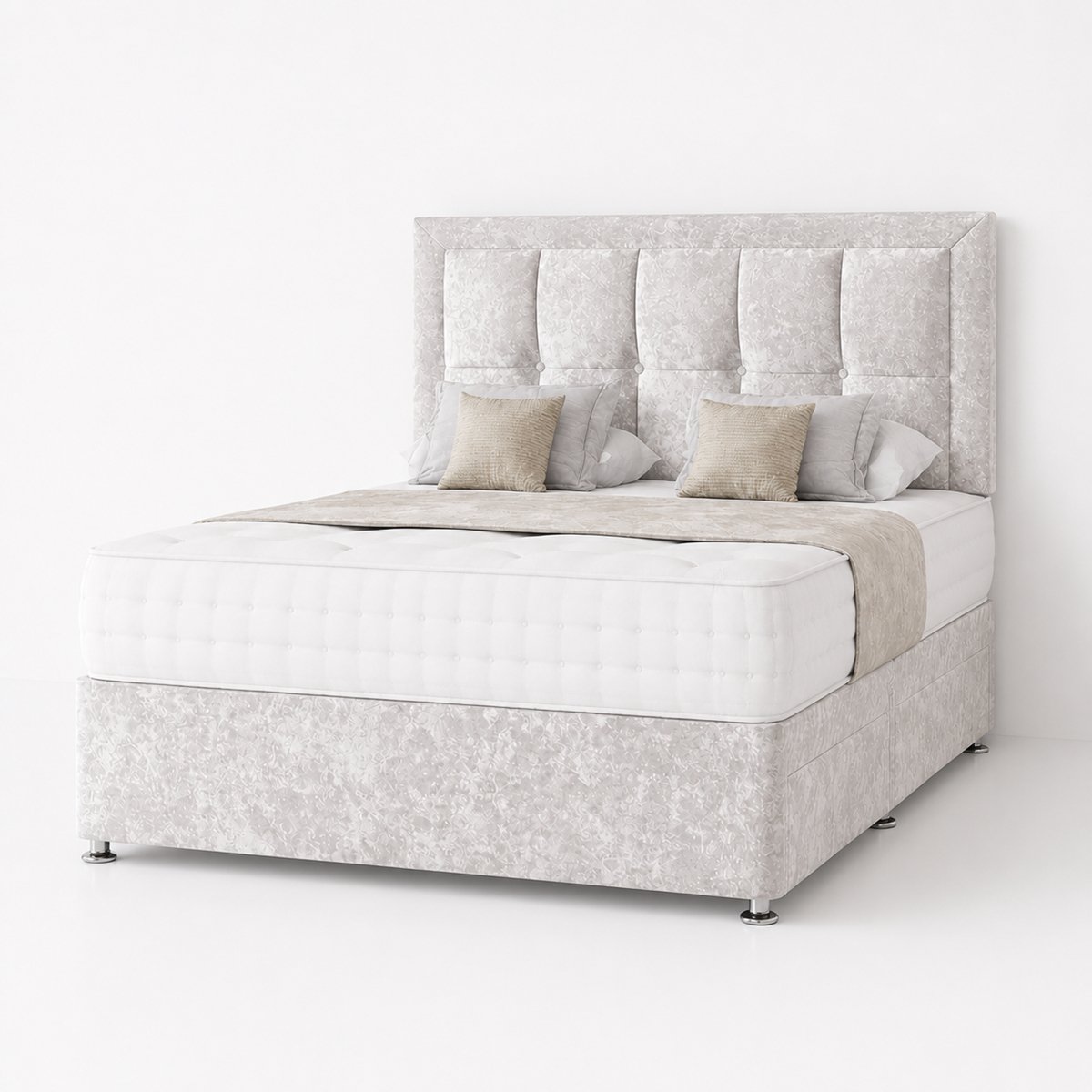 Comfy Deluxe 4ft Small Double 2‑Drawer Crushed Velvet Divan Bed Set – Silver