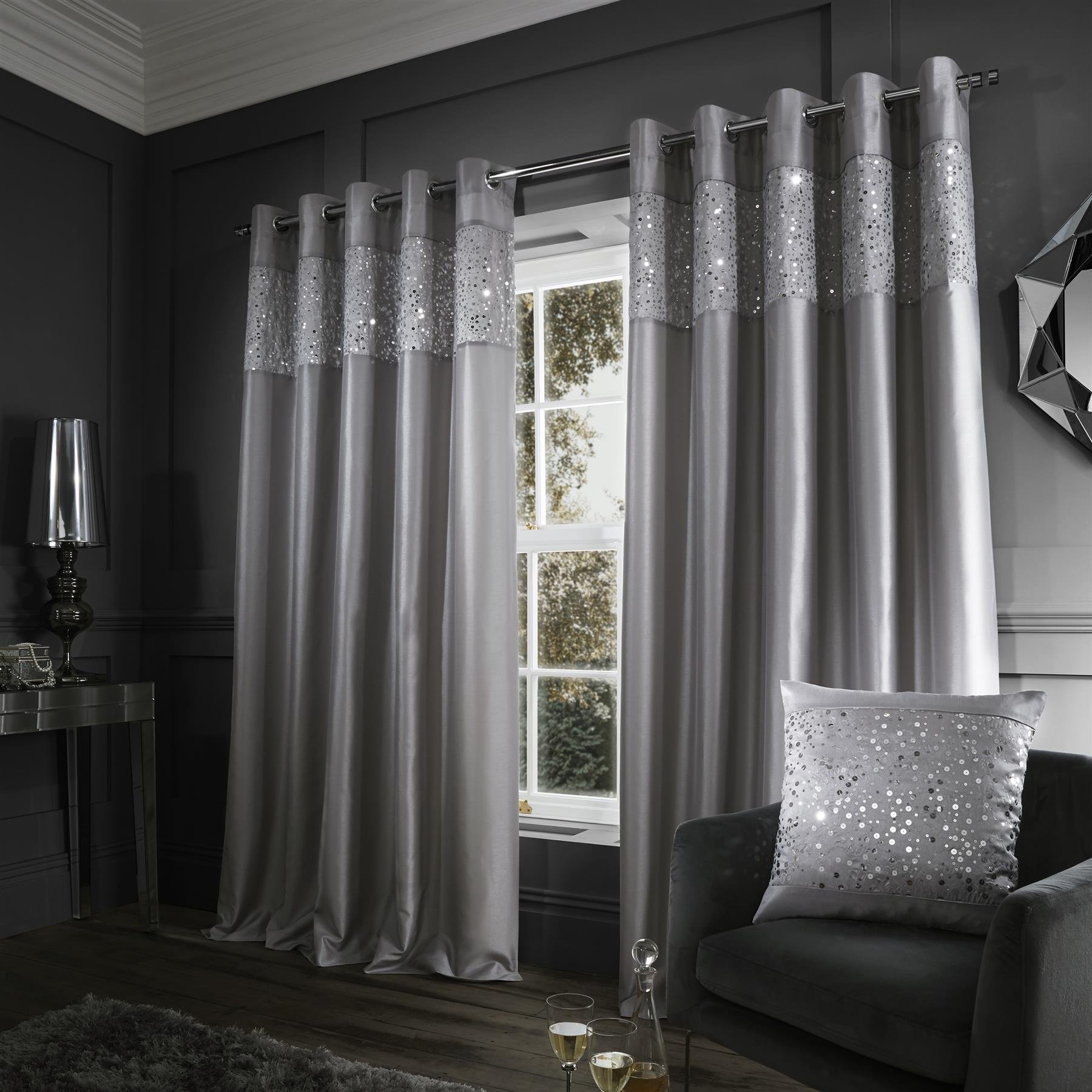 Catherine Lansfield Glitzy Eyelet Curtains - Grey - 229 x 229cm